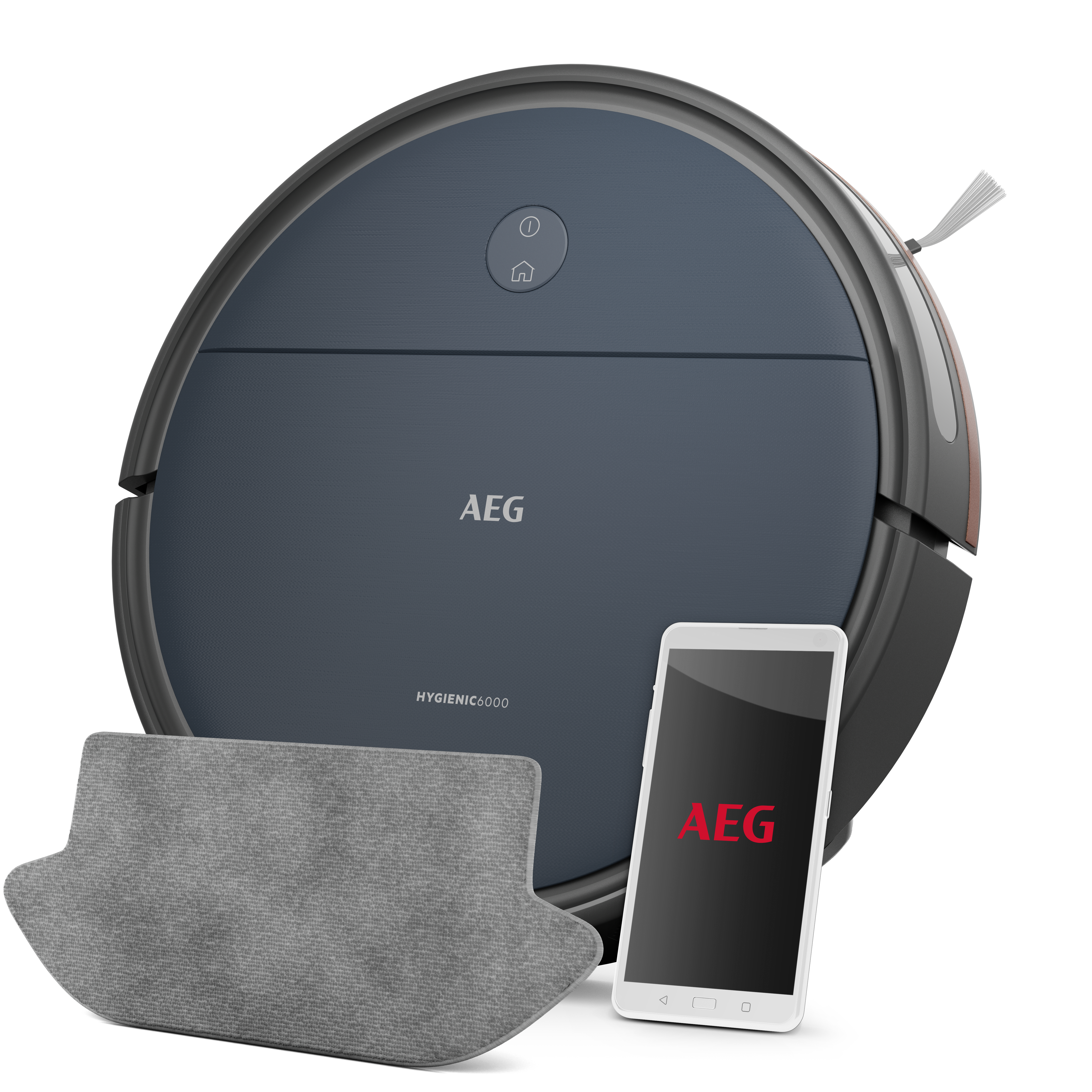 Een donkerblauwe robotstofzuiger, een grijze reinigingspad en een witte telefoon met de merknaam AEG.