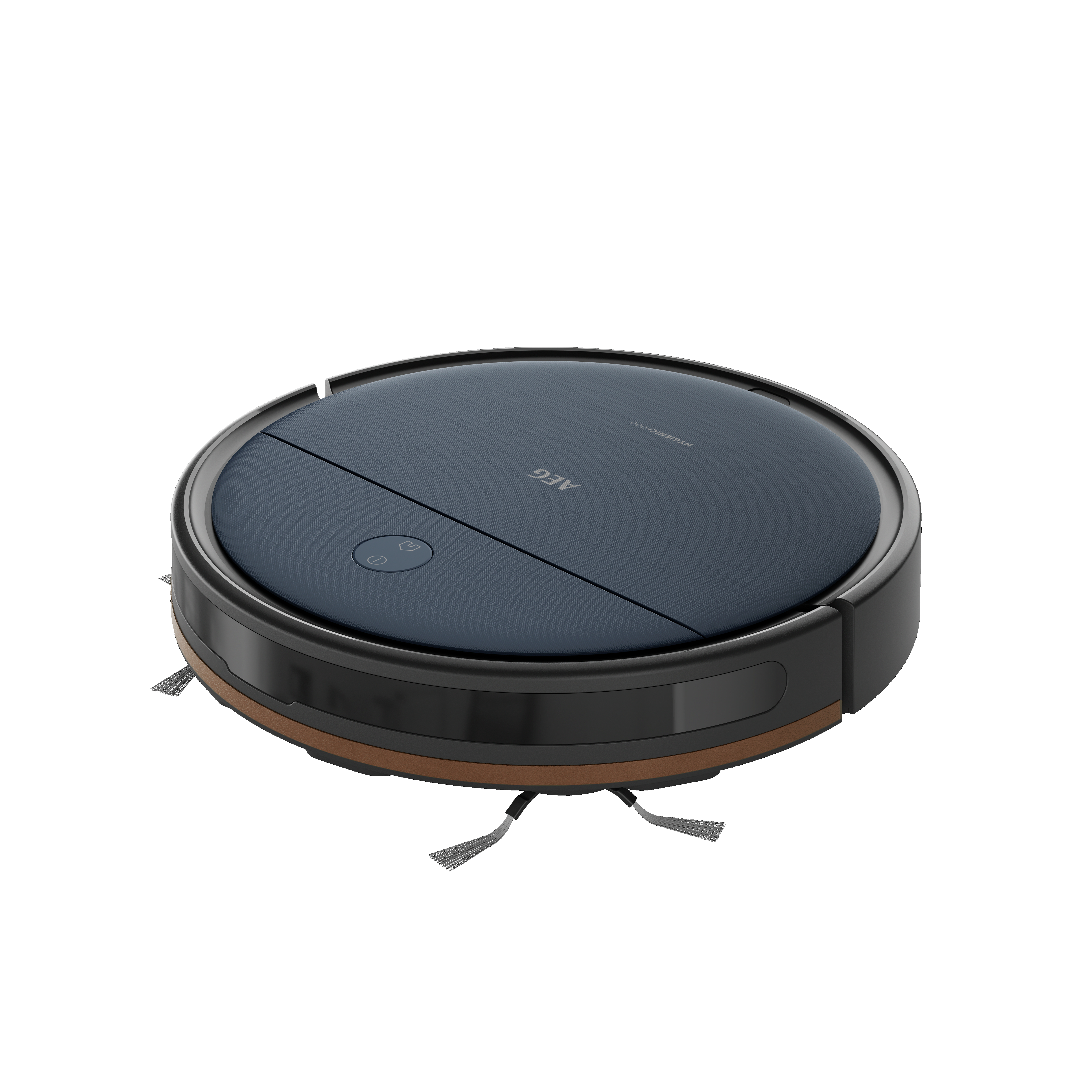 Een ronde, zwarte AEG robotstofzuiger, met goudkleurige zijbekleding.