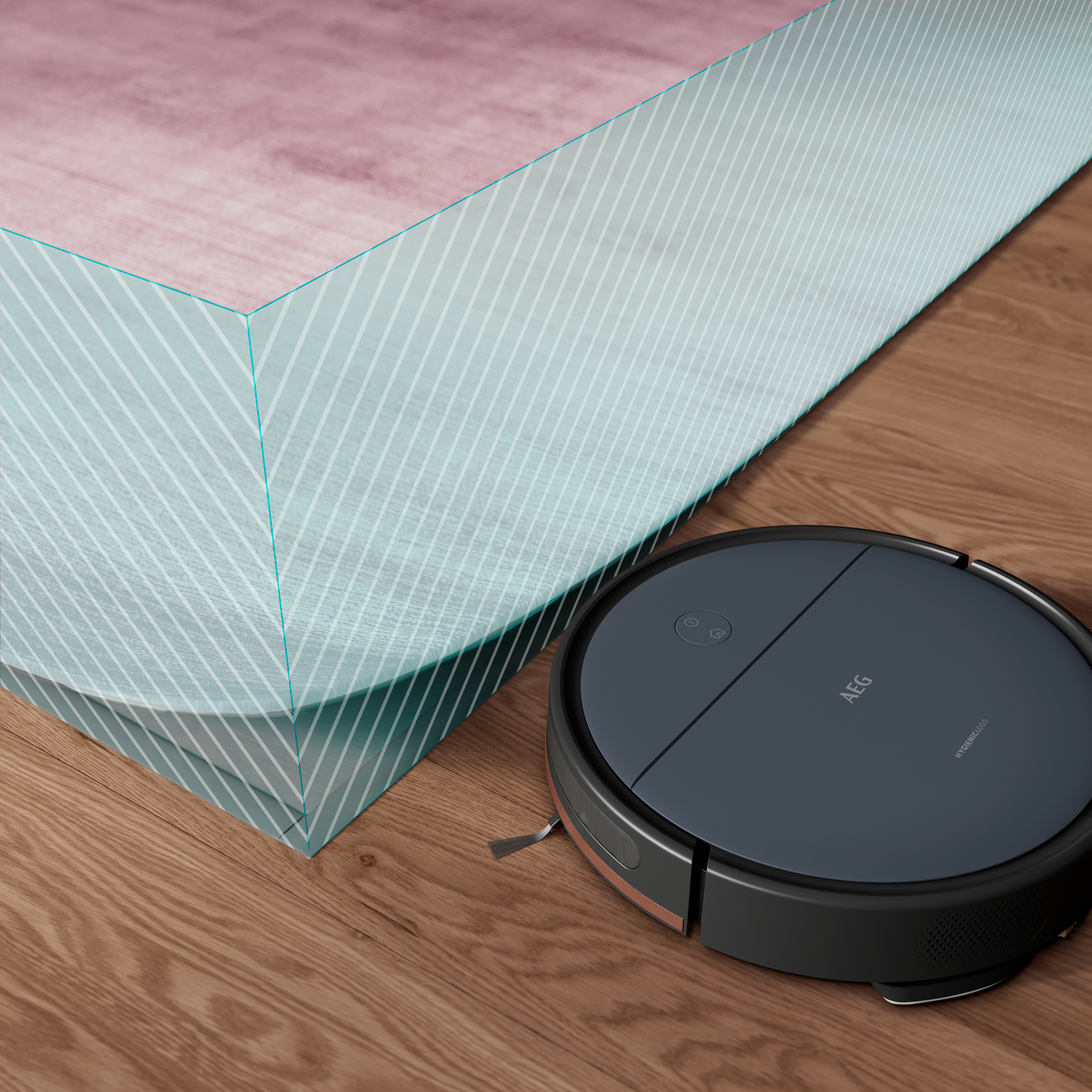 Een zwarte en grijze robotstofzuiger staat op een houten vloer, bij een hoek van een kleed.