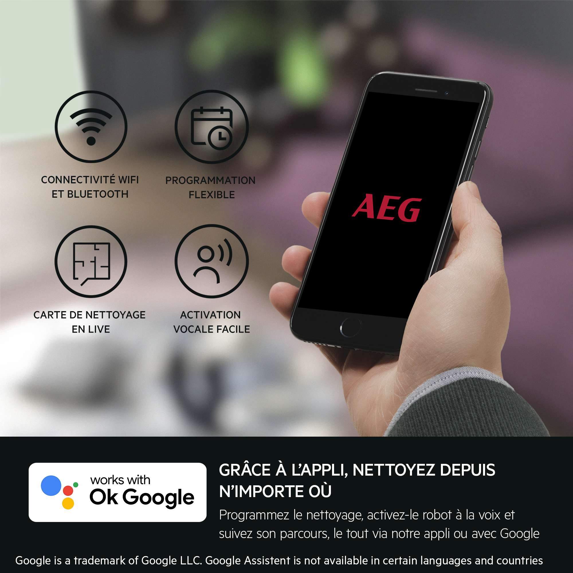 Smartphone avec logo AEG, icônes connectées, logo Google en bas.