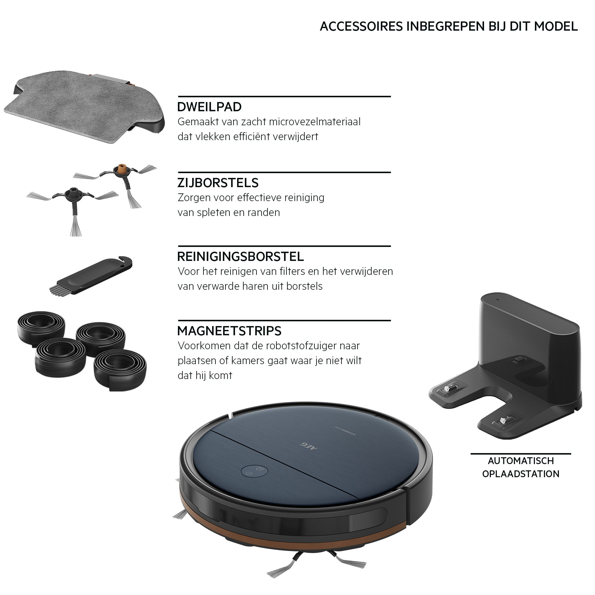 Robotstofzuiger met accessoires: borstel, laadstation, dweilpads.