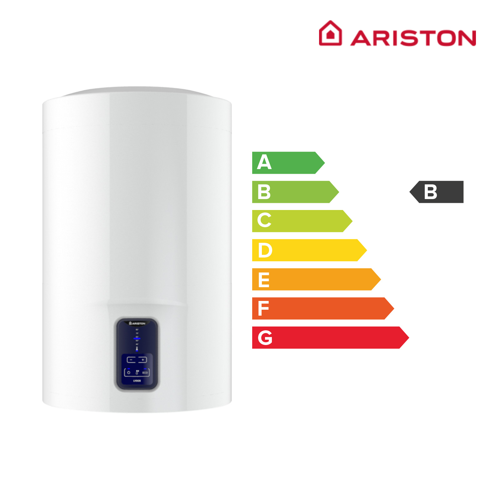 Un calentador de agua blanco con el logotipo de Ariston. Las etiquetas de eficiencia energética son visibles.
