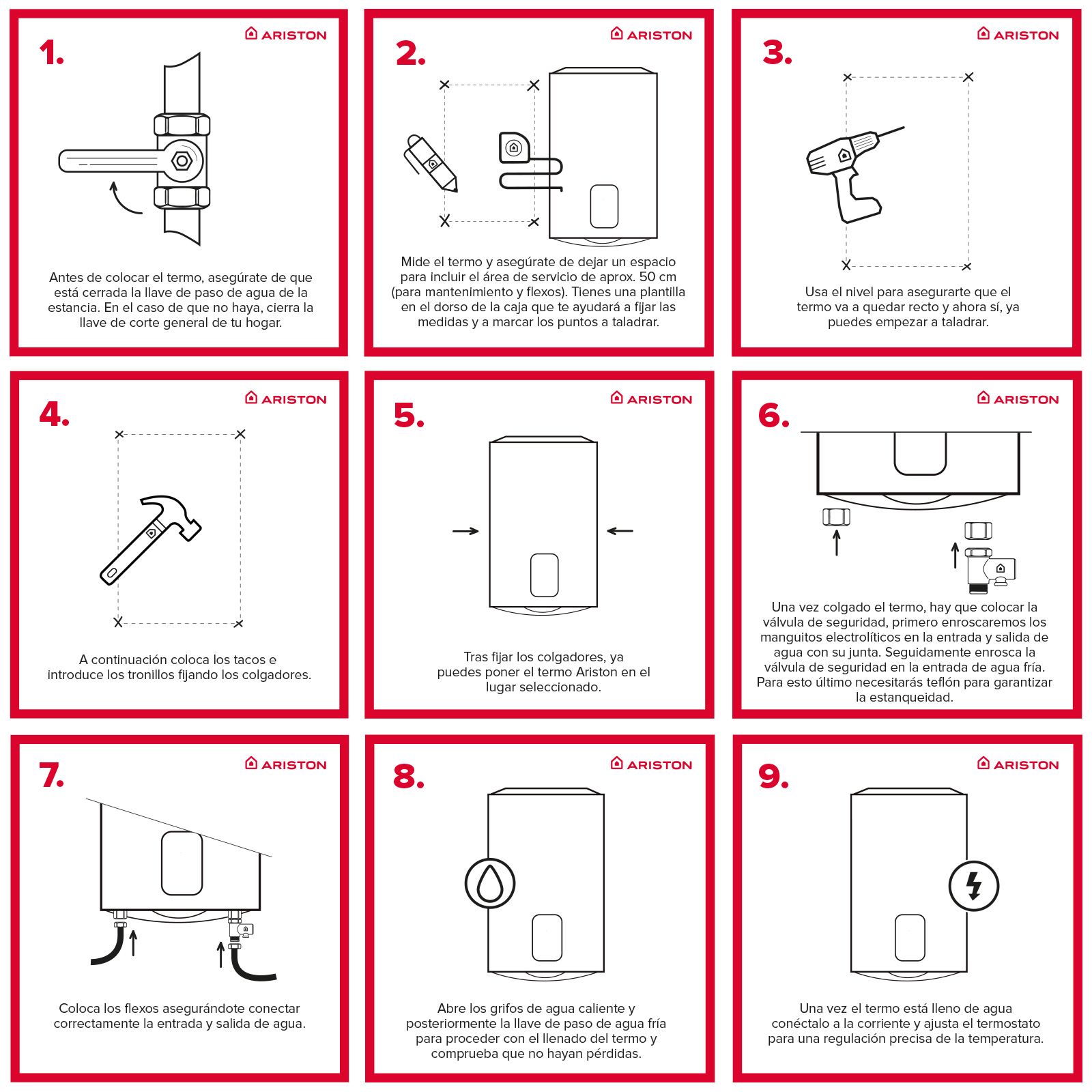 Un diagrama de nueve paneles que muestra los pasos de instalación de un calentador de agua, incluidos diagramas y herramientas.