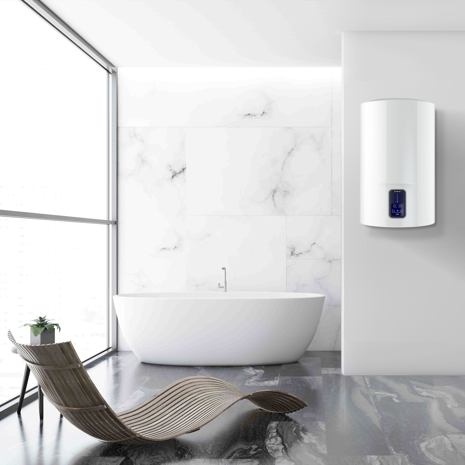 Un calentador de agua blanco montado en la pared. Una bañera y una silla en el fondo.