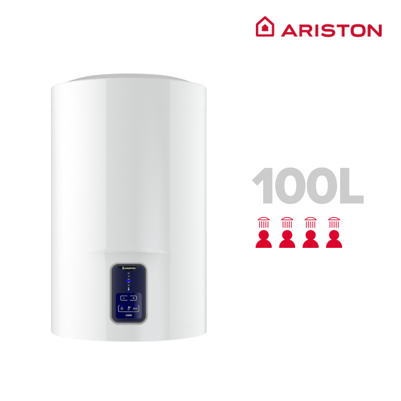 Calentador de agua blanco, marca Ariston, capacidad 100L, cuatro iconos de ducha.