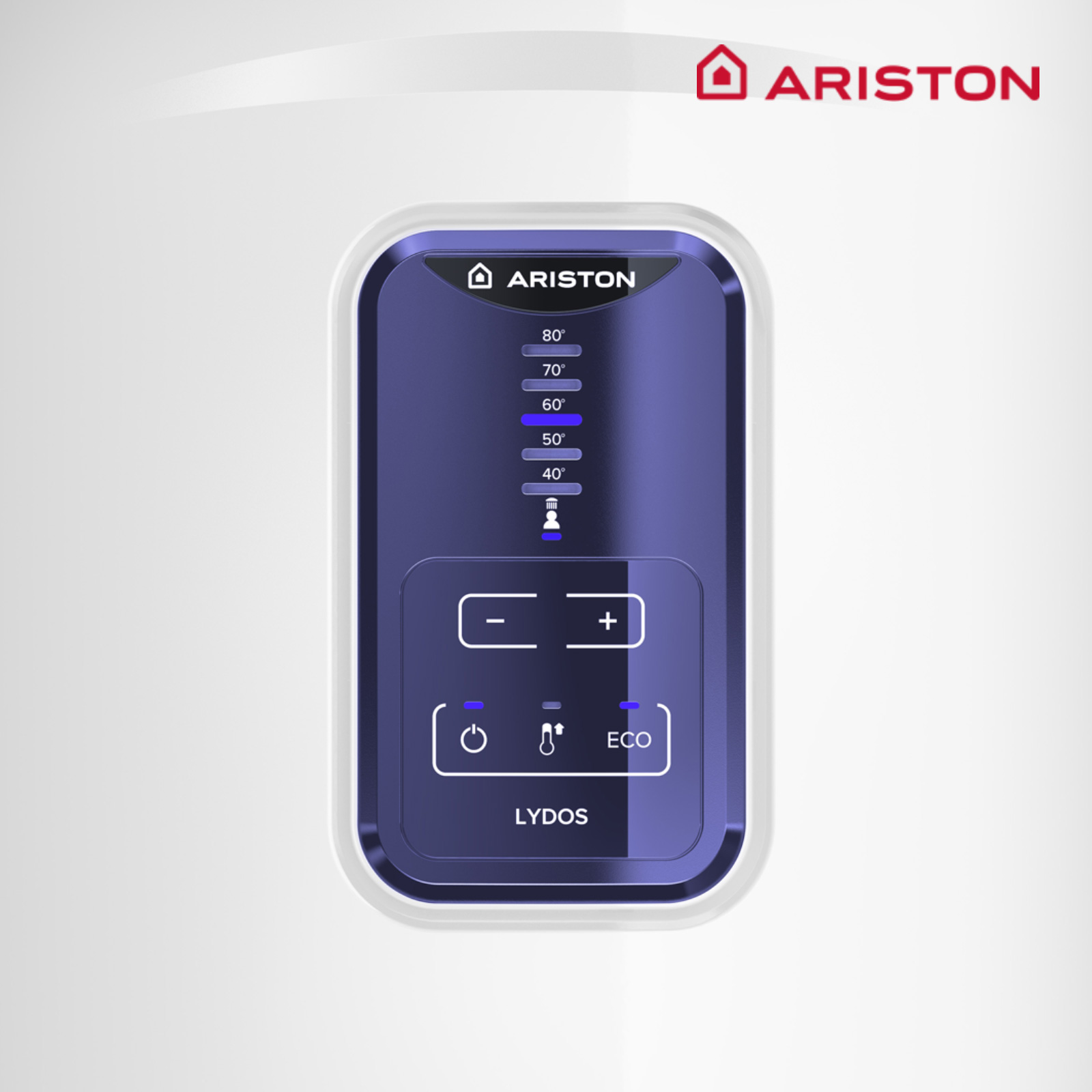 Calentador de agua eléctrico blanco con panel de control digital. El panel muestra la configuración de temperatura y el logotipo de Ariston.