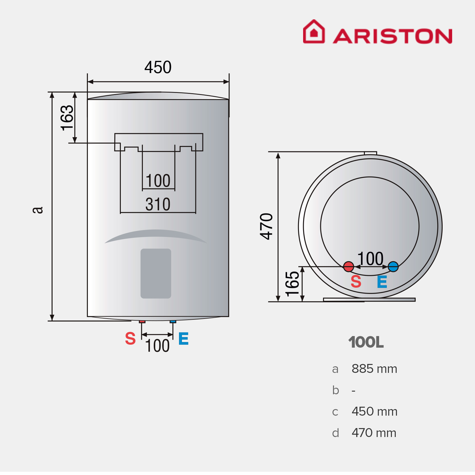 Diagrama de un calentador de agua cilíndrico con dimensiones. La marca es Ariston.