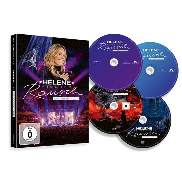 CD-, DVD-Set eines Konzerts. Zeigt Helene Fischer auf dem Cover mit dem Titel 'Rausch'. Vier Discs sind sichtbar.