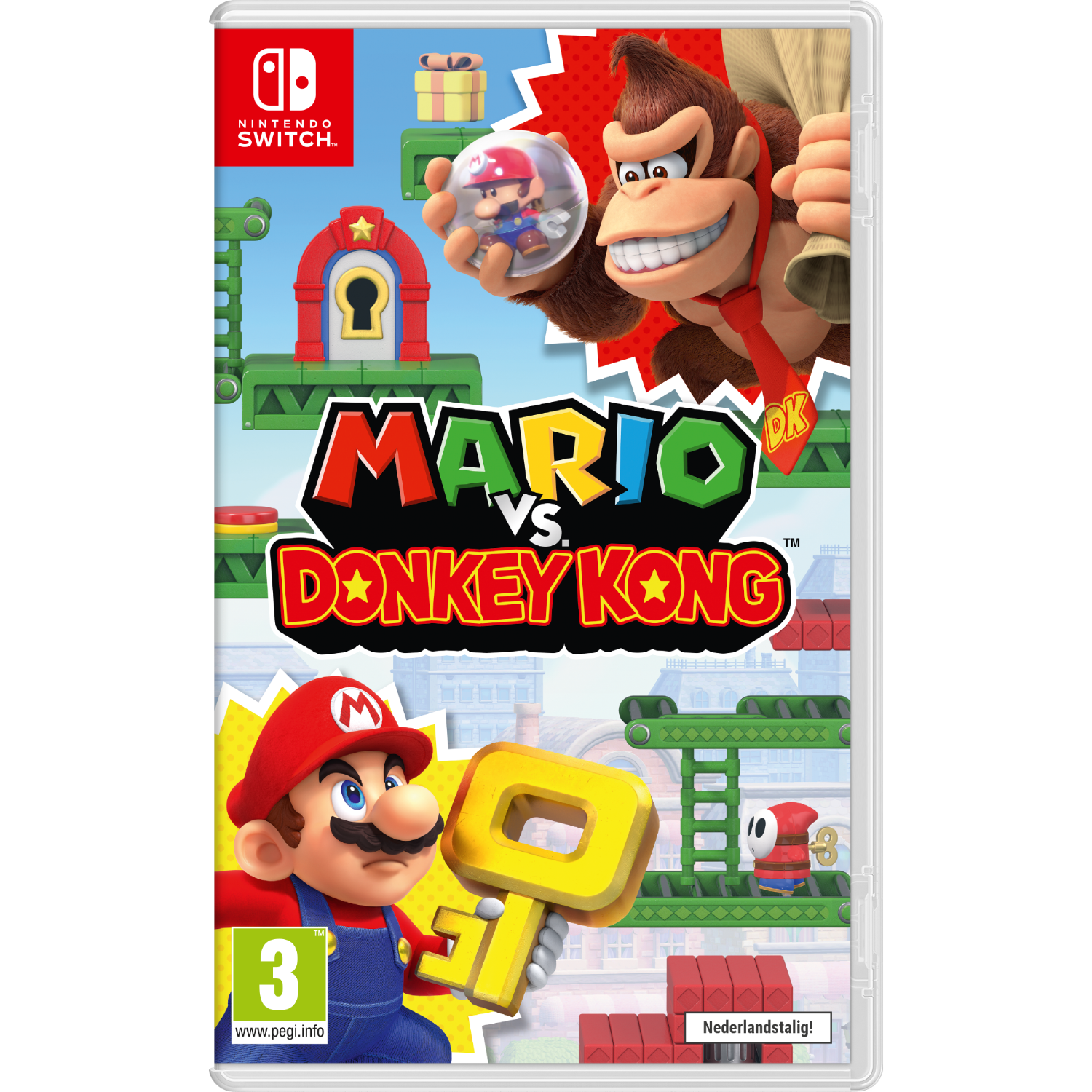 Nintendo Switch gamebox. Mario en Donkey Kong op de cover met een sleutel. Witte achtergrond.