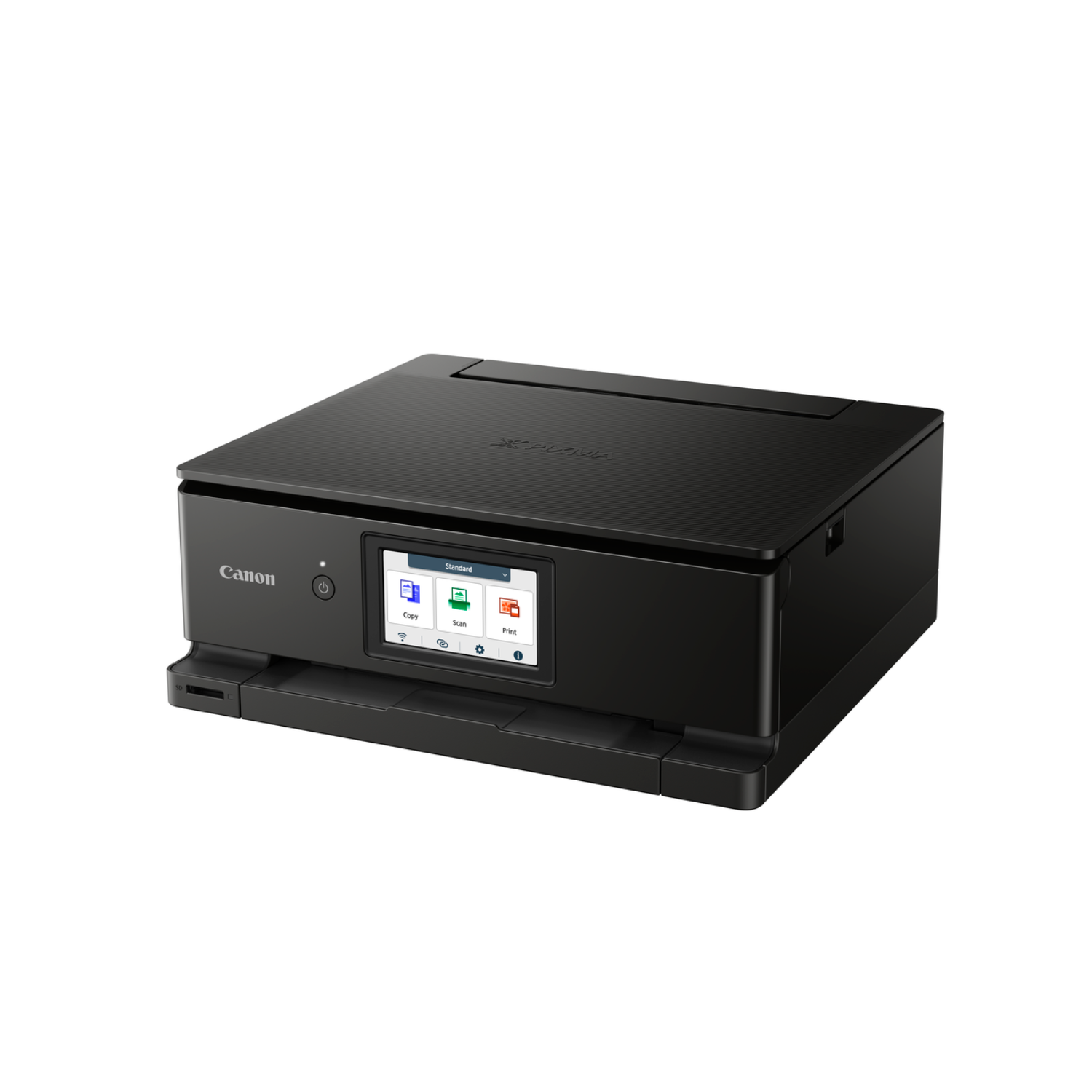 Black Canon printer. Features a color screen and buttons. Clean, modern design, white background.