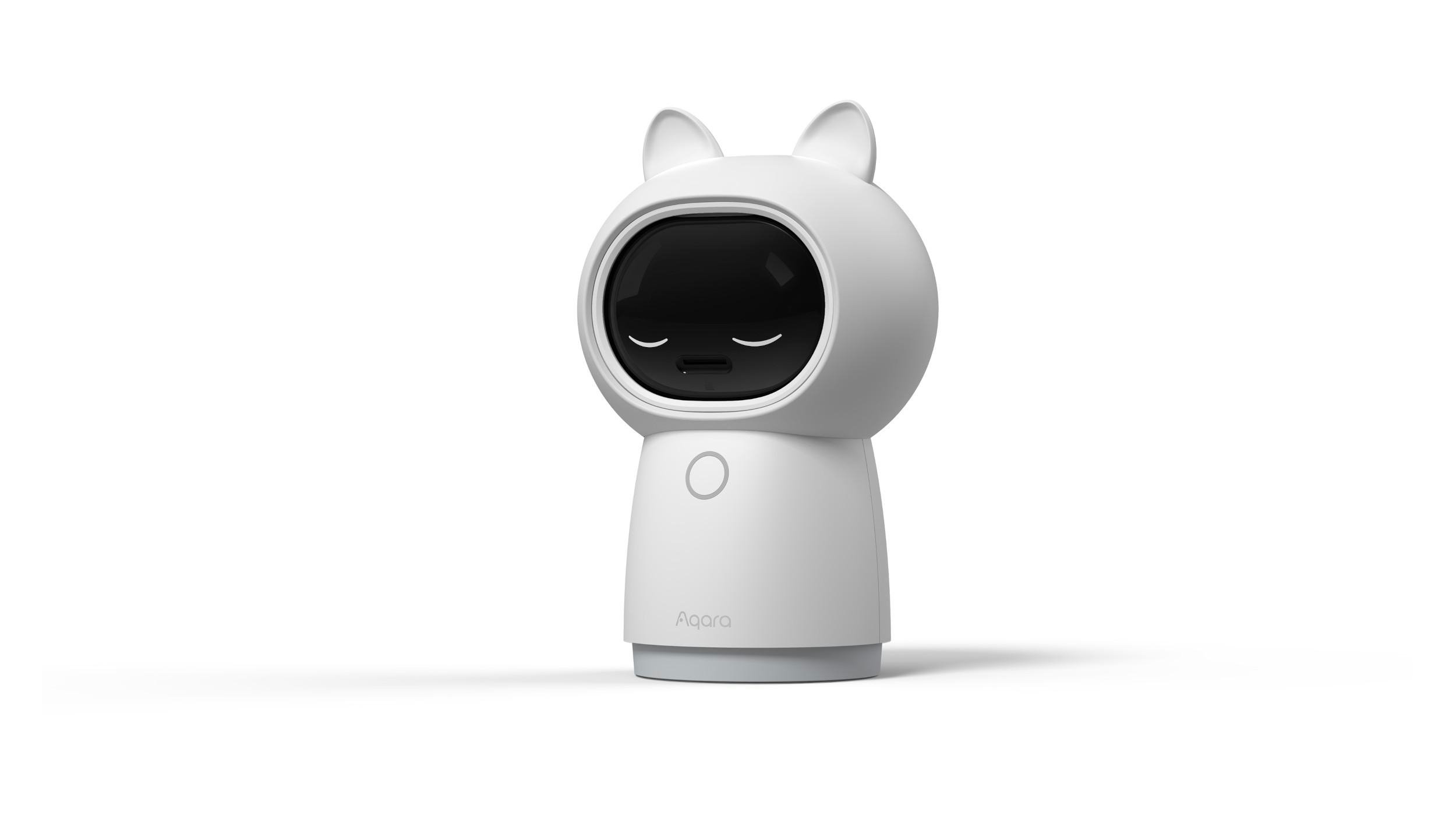 Weißer, abgerundeter Roboter mit Katzenohren. Er hat einen Bildschirm als Gesicht.