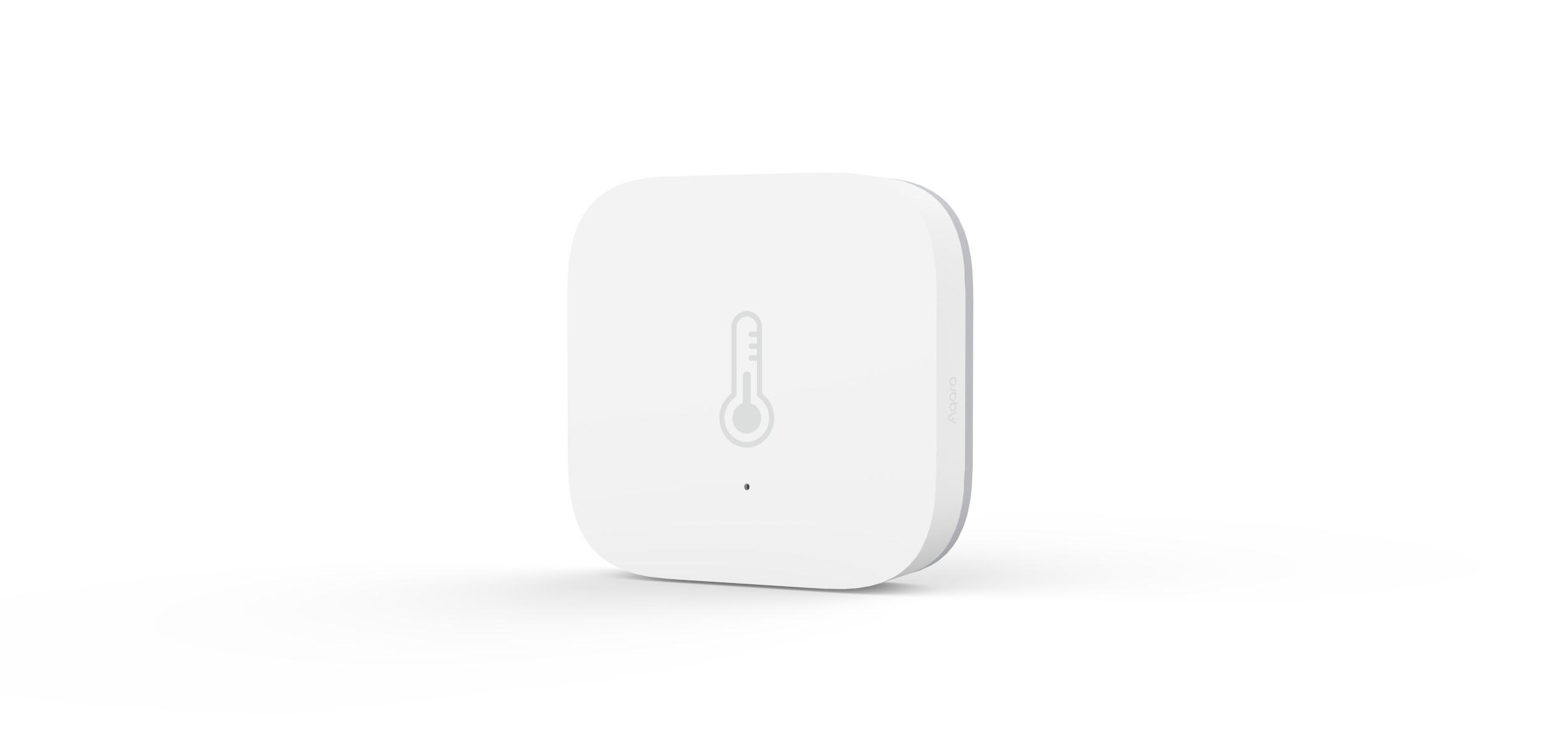 Weißer quadratischer Smart-Home-Sensor. Er hat ein Thermometer-Symbol. Isoliert vor weißem Hintergrund.