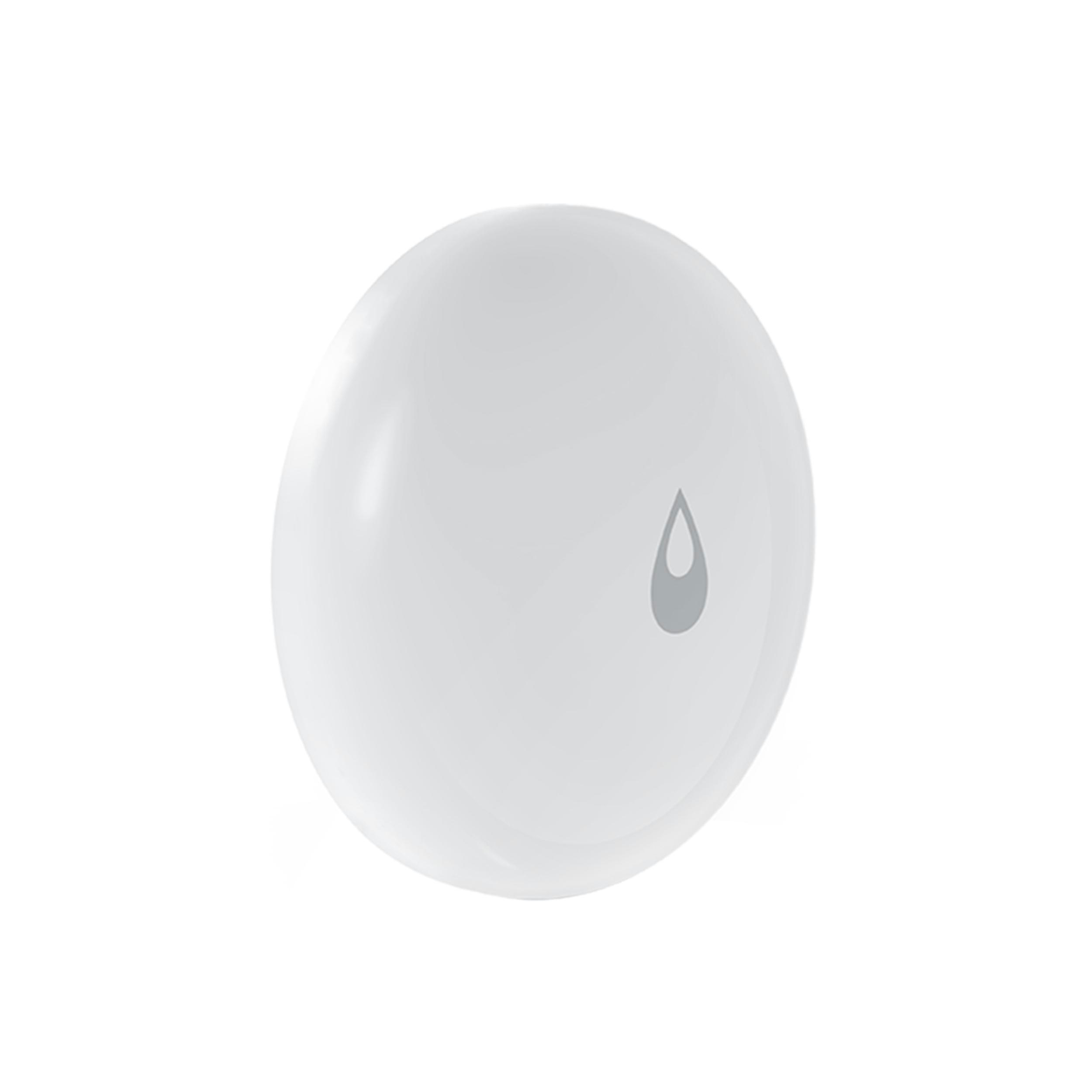 Weißes, oval geformtes Gerät mit grauem Wassertropfen-Symbol auf weißem Hintergrund.