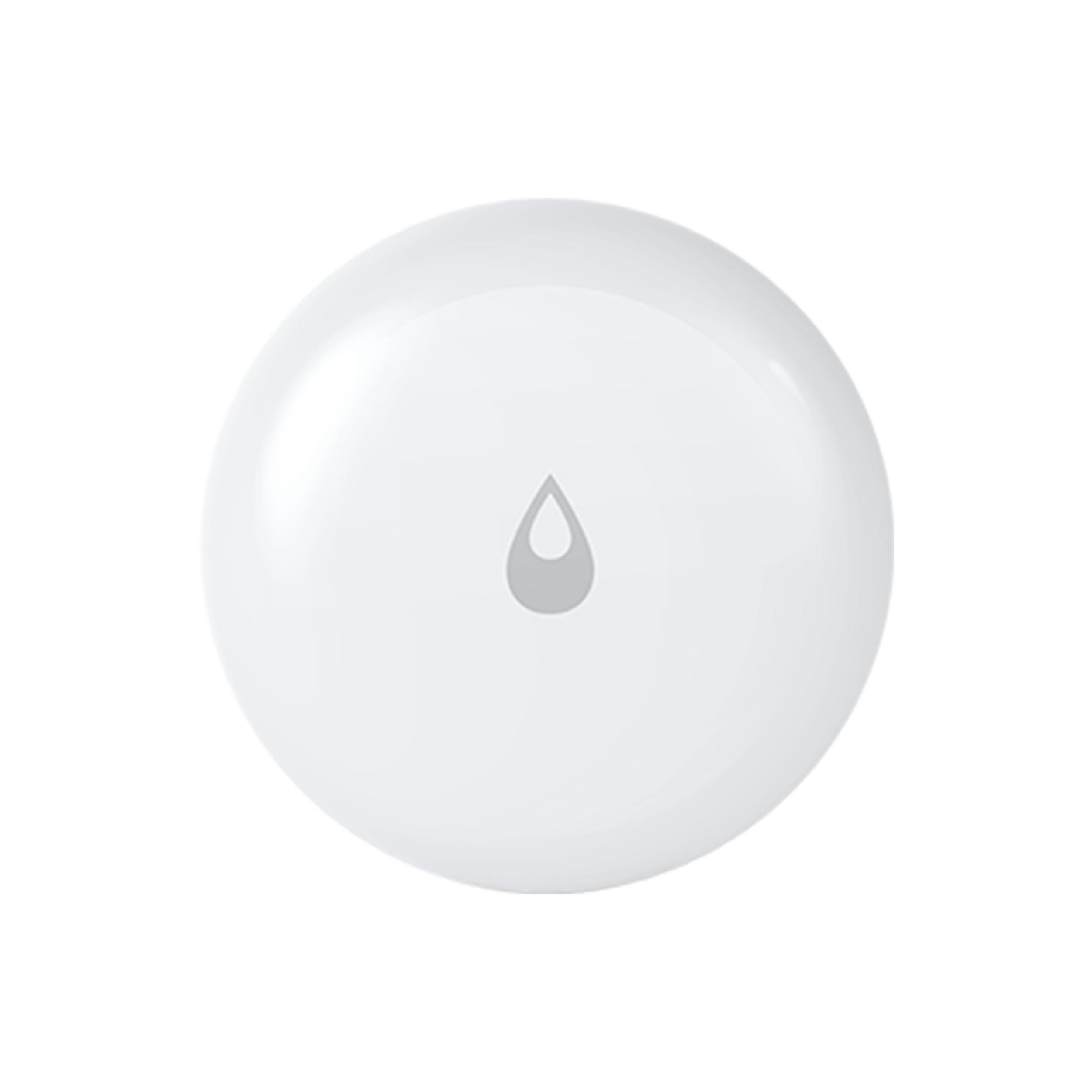 Weißer, runder Smart-Home-Wassersensor mit einem Wassertropfen-Symbol auf der Oberfläche.