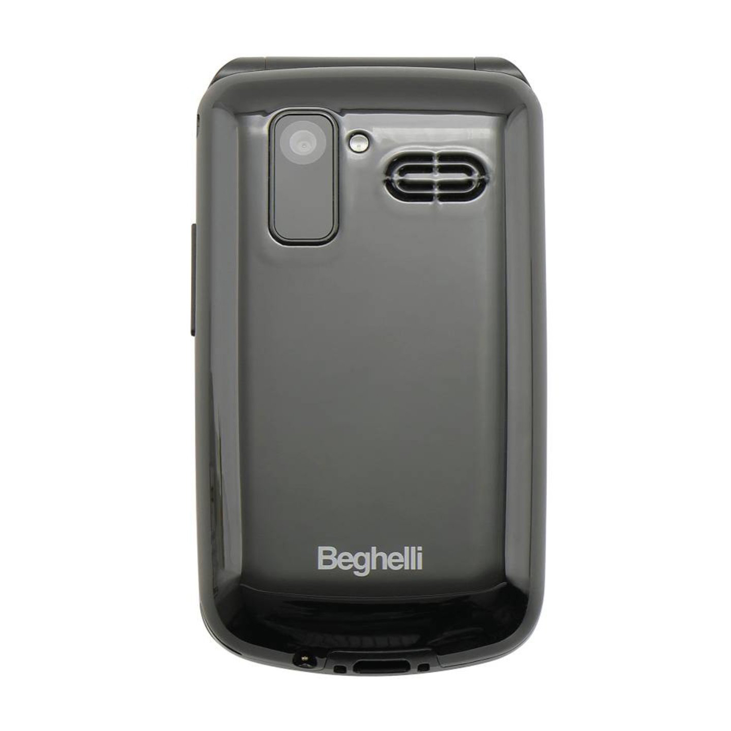 Un telefono a conchiglia nero con una fotocamera e il marchio 'Beghelli'.