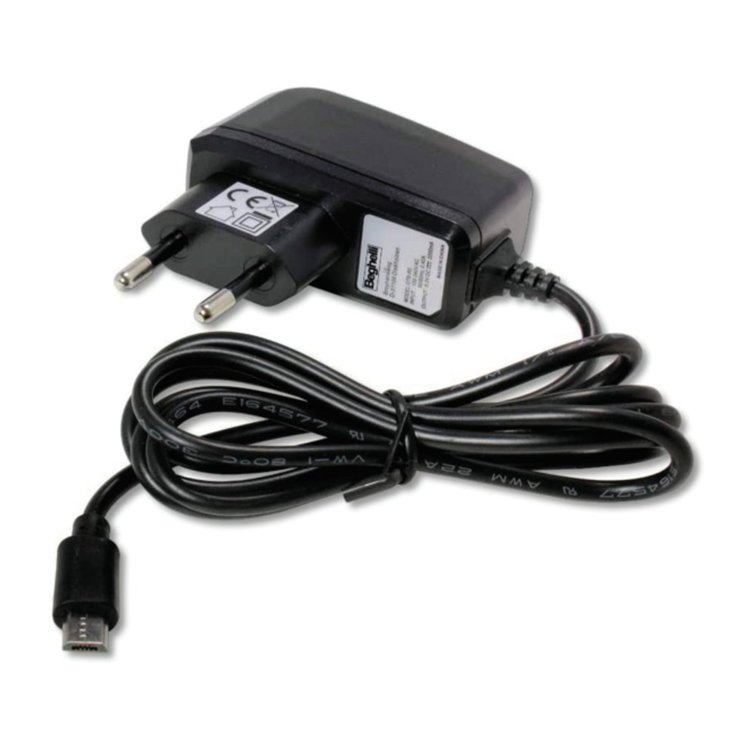 Un adattatore di alimentazione nero con un cavo e un connettore micro USB su sfondo bianco.