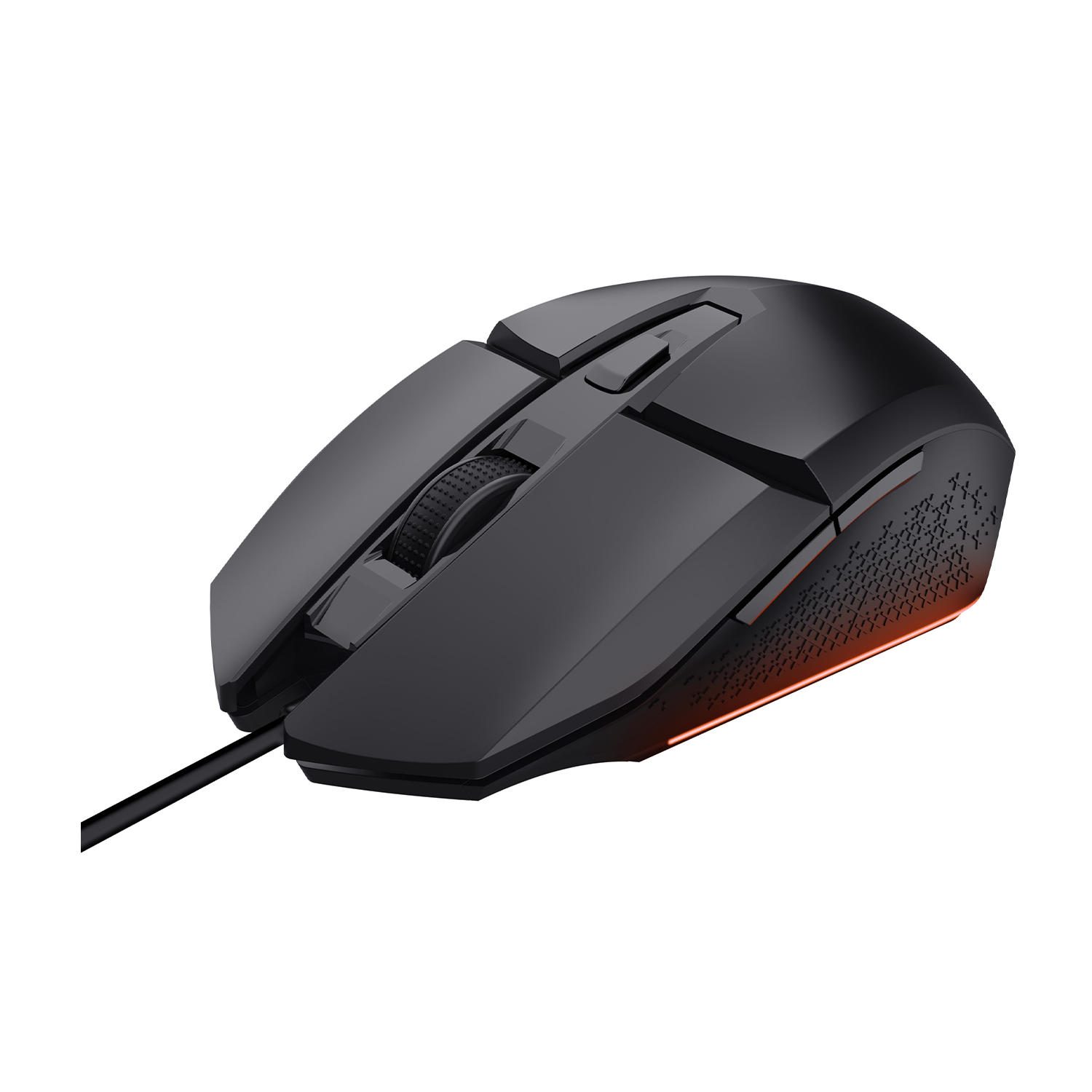 Mouse da gioco nero con dettagli rossi. Il mouse ha pulsanti, rotella e cavo.