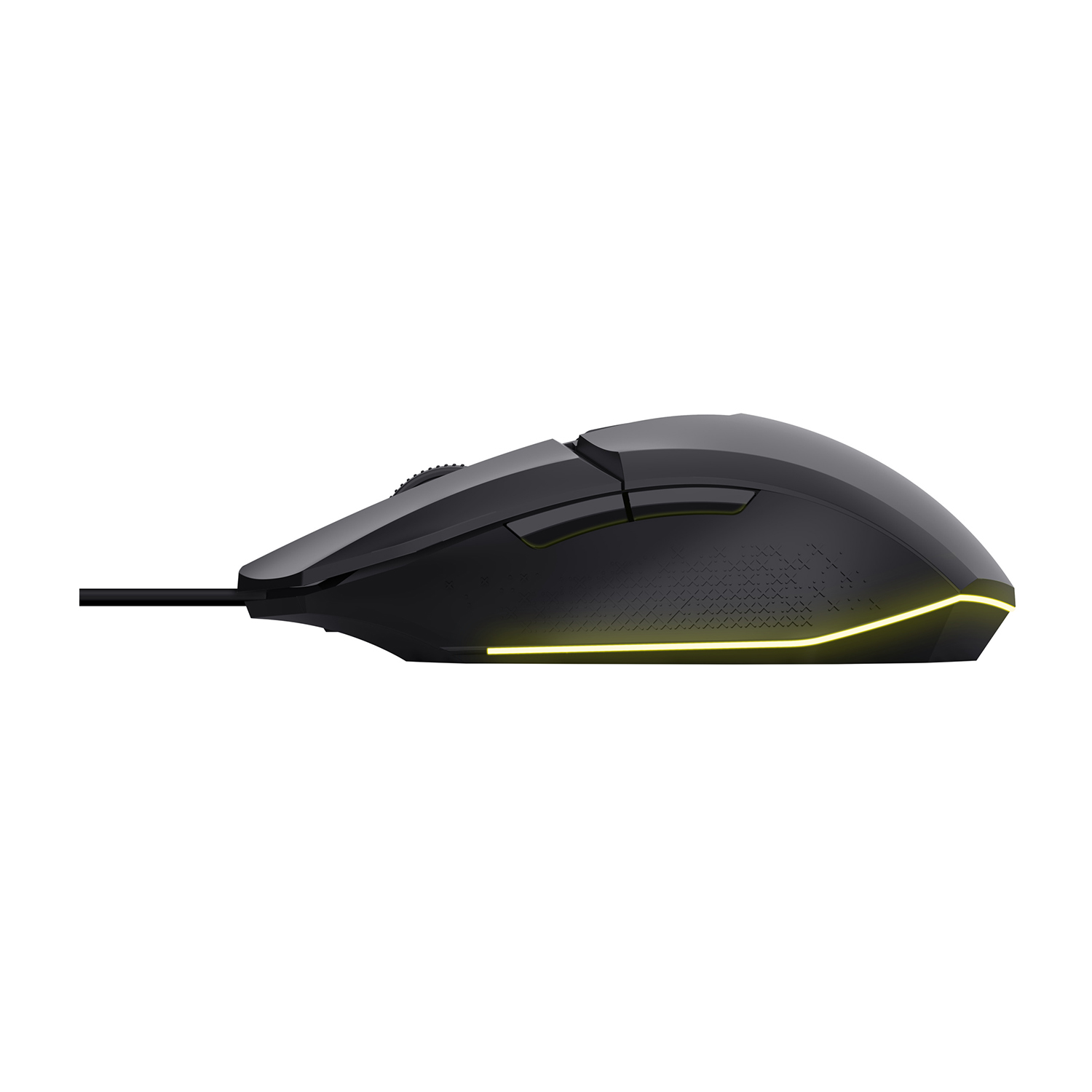 Mouse da gioco nero con dettagli gialli e rotella di scorrimento. Vista laterale.