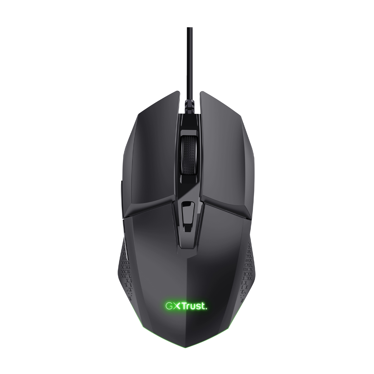 Mouse da gioco nero. Ha una rotella e pulsanti laterali, con luce verde.