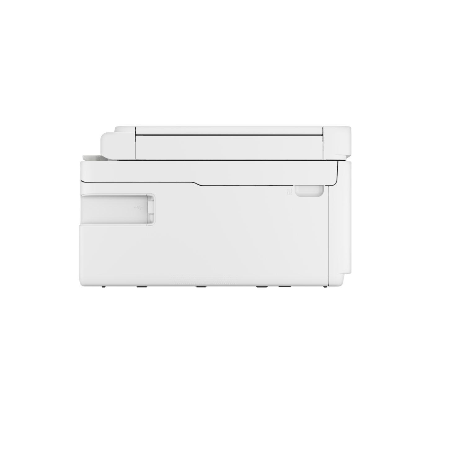 White printer, side view. Buttons and slots are visible on the side. White background.