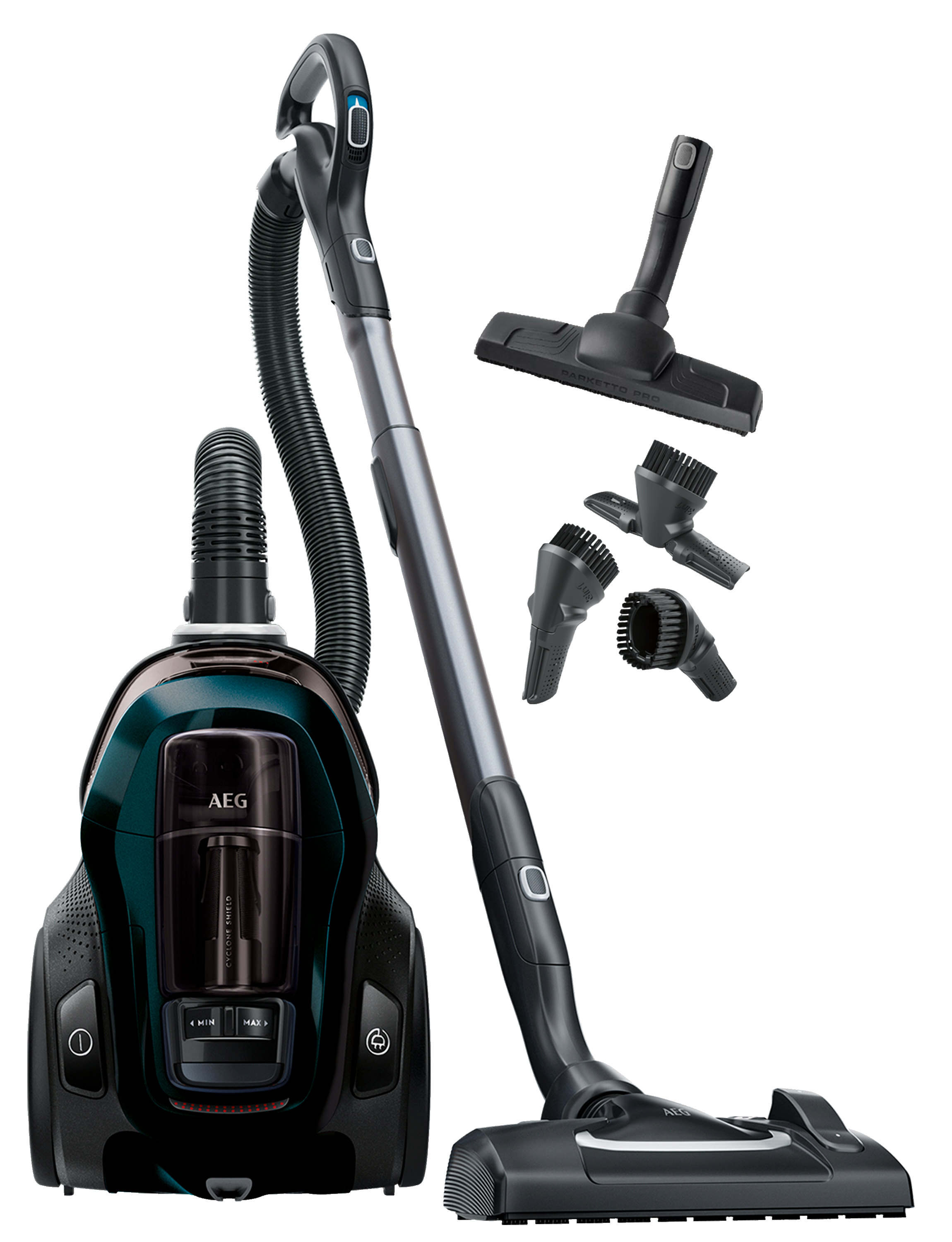 Aspirateur AEG avec accessoires. Corps noir et vert d'eau, poignée argentée.
