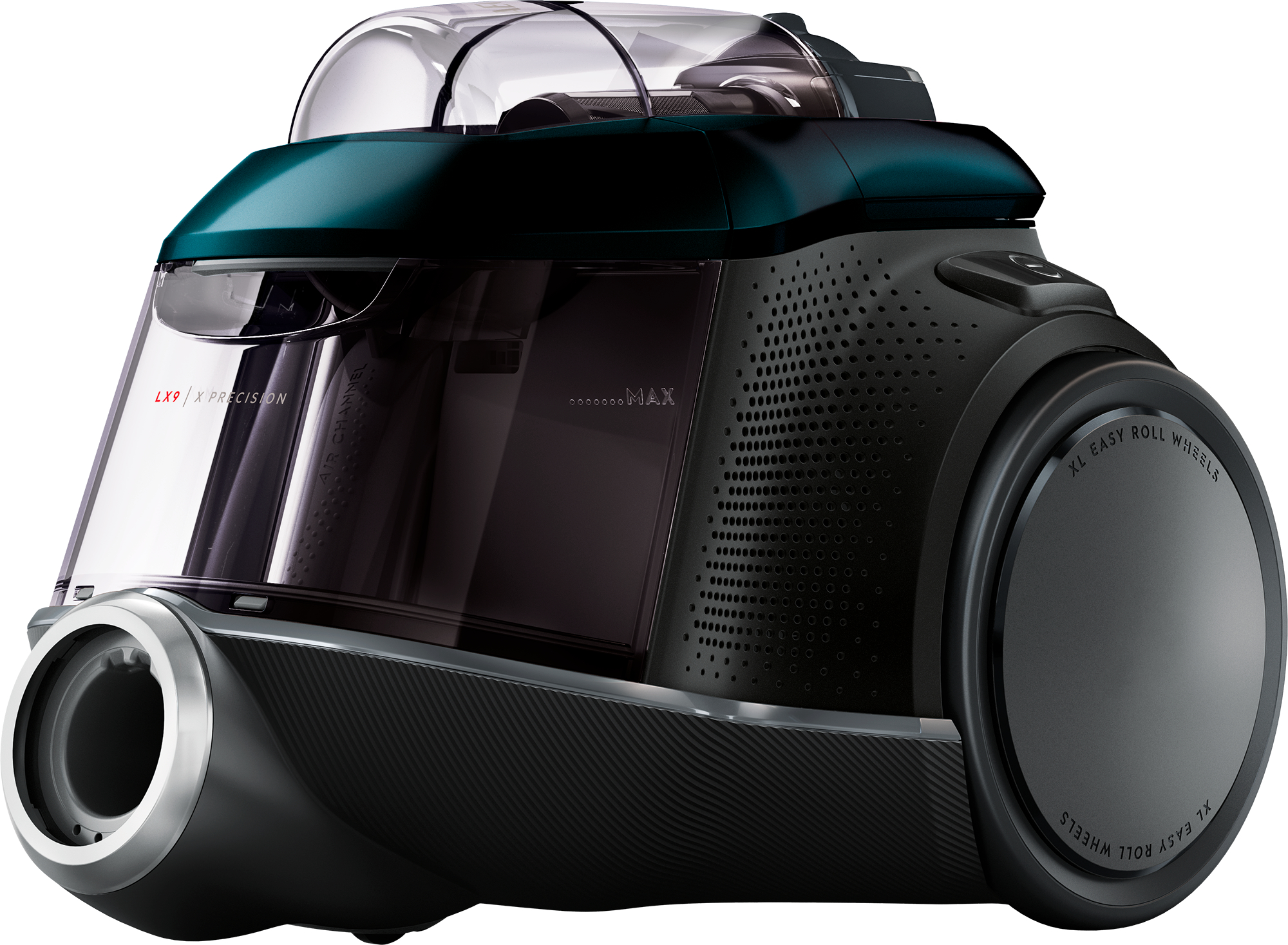 Aspirateur noir et bleu-vert avec conteneur transparent et roues XL.
