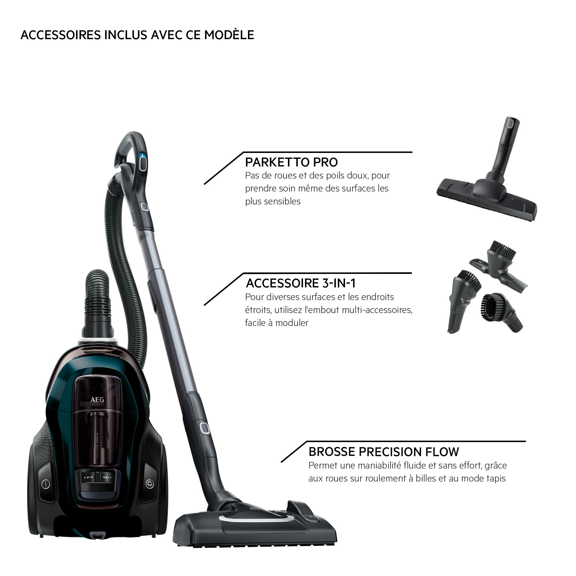 Aspirateur avec accessoires et description textuelle.