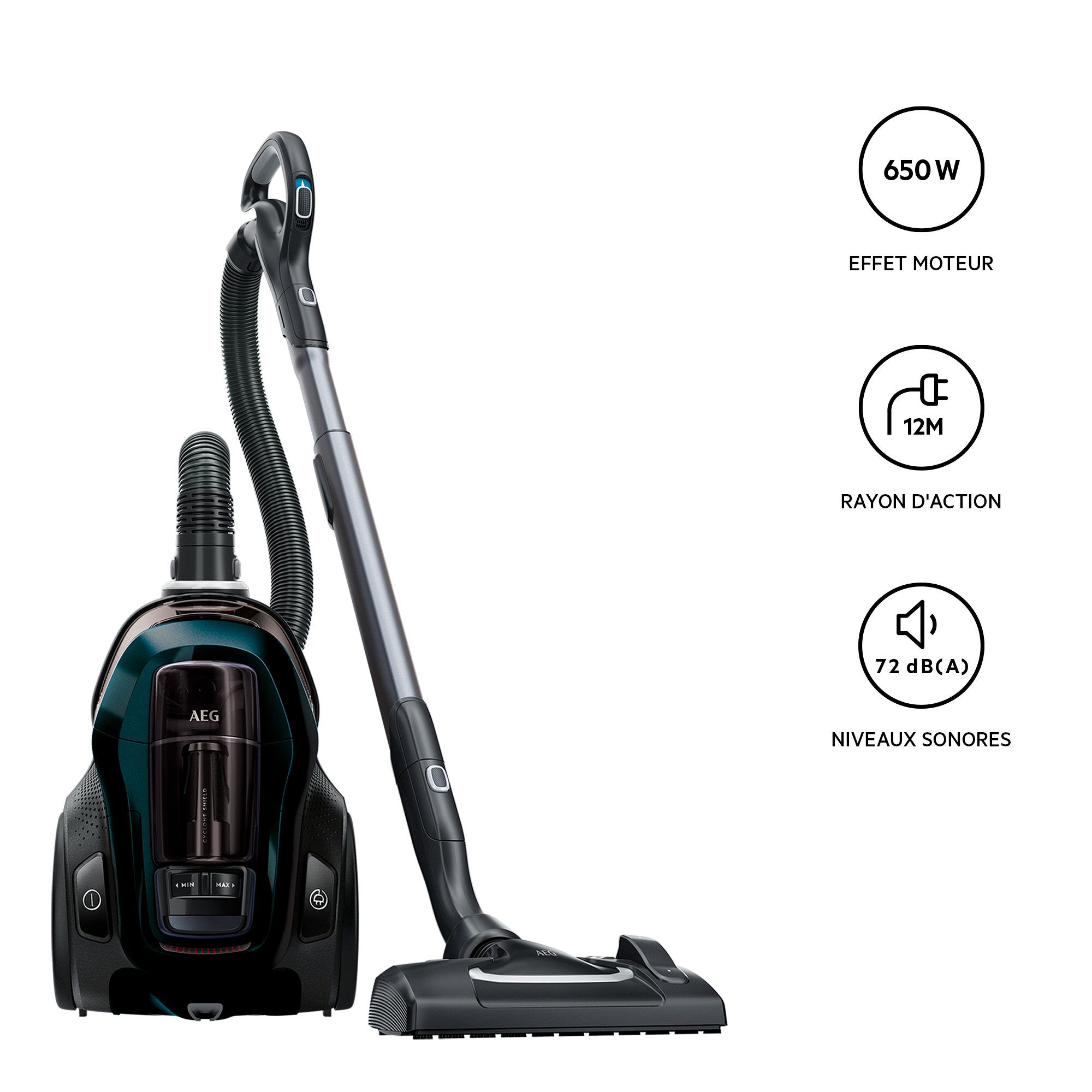 Aspirateur AEG avec spécifications : 650W, portée 12M et 72 dB(A).