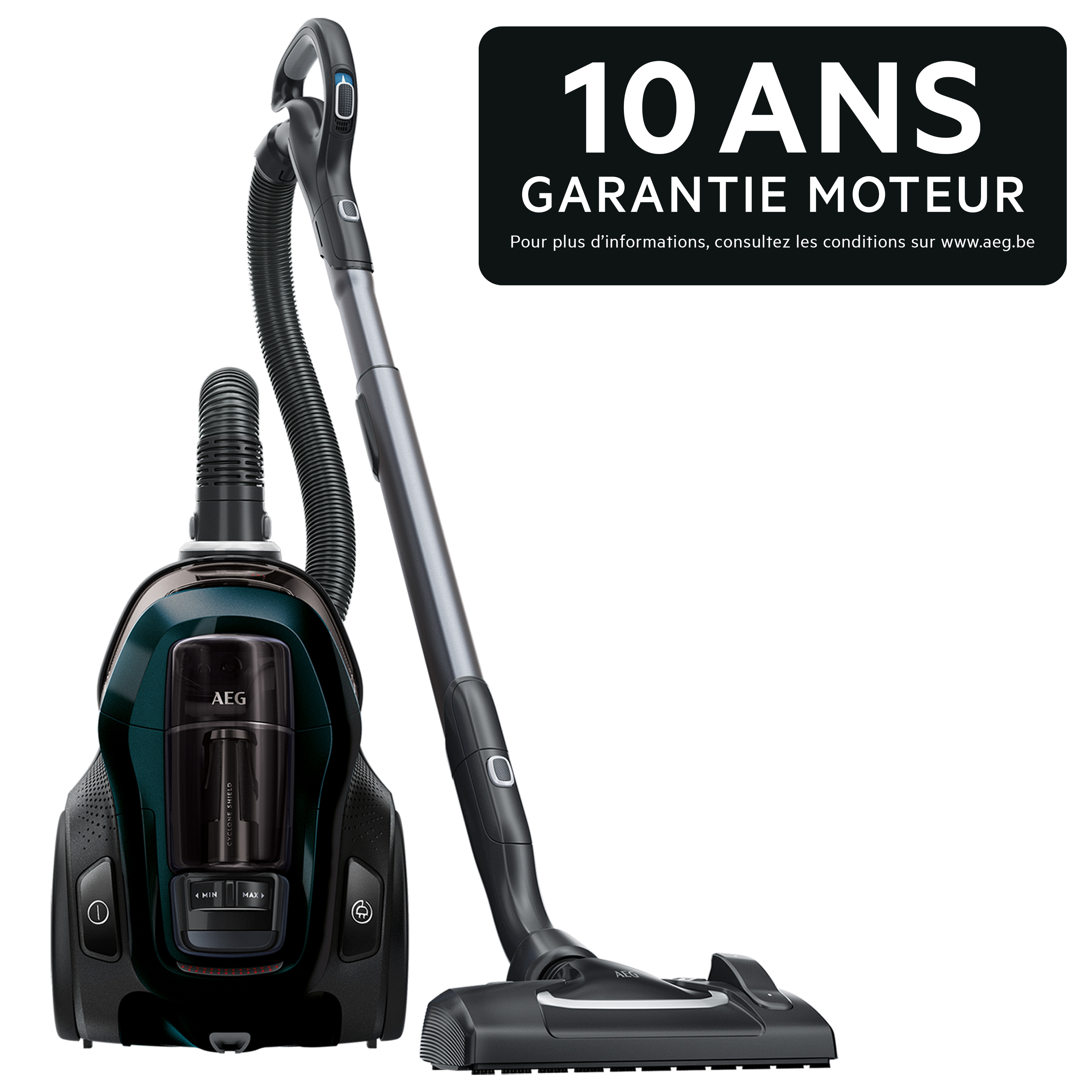 Un aspirateur noir et sarcelle avec une longue poignée et un fond blanc. Texte : 10 ans de garantie moteur.