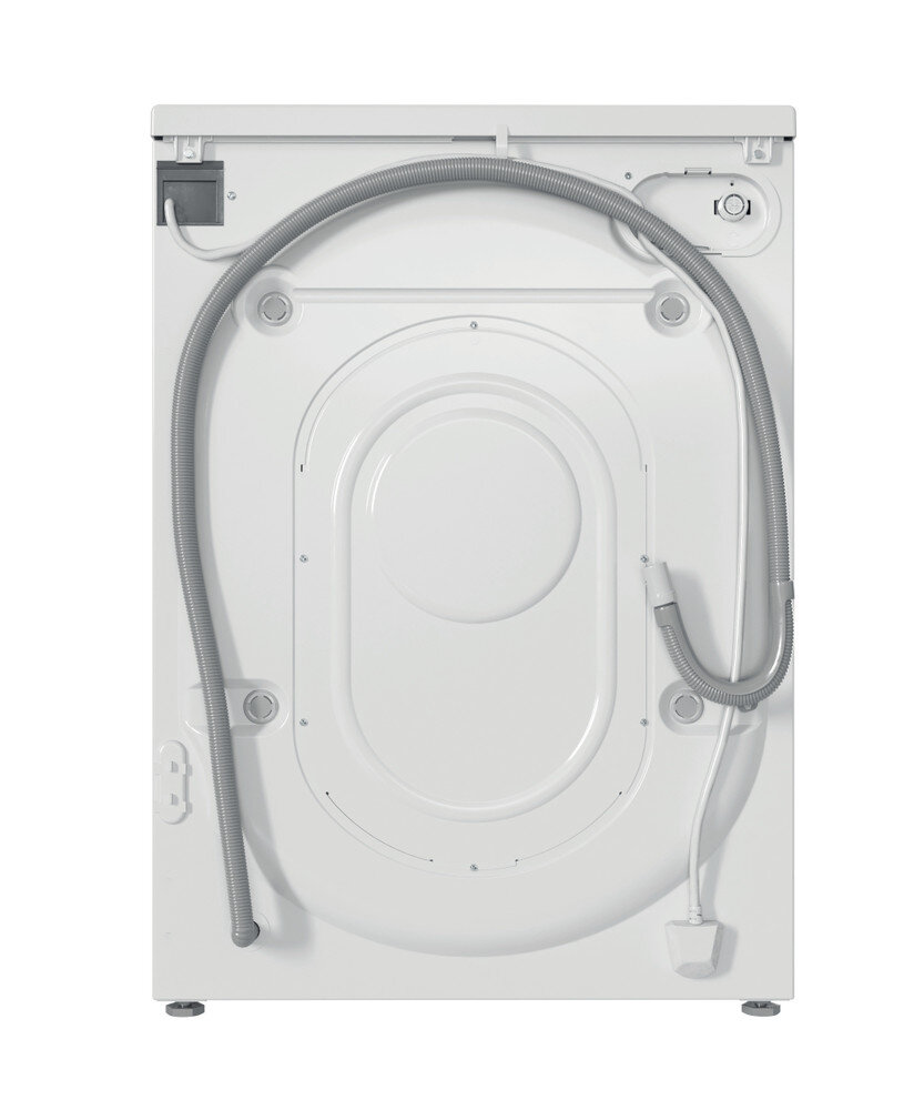 Widok z tyłu białej pralki z szarym wężem. Tylny panel ma zakrzywioną środkową część i kilka mocowań.