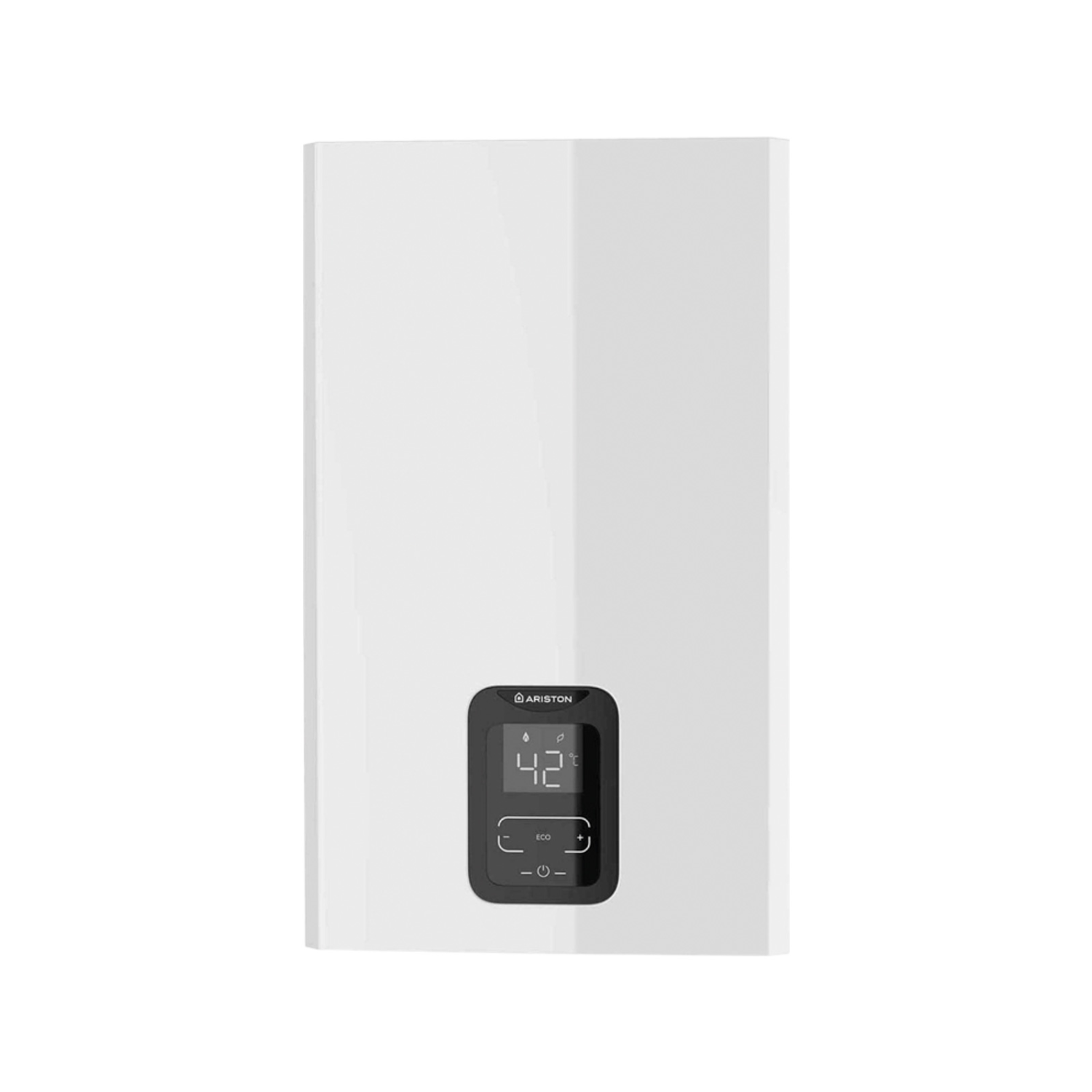 Calentador de agua blanco montado en la pared con una pantalla digital negra que muestra 42 grados Celsius. Se ve el logo ARISTON.