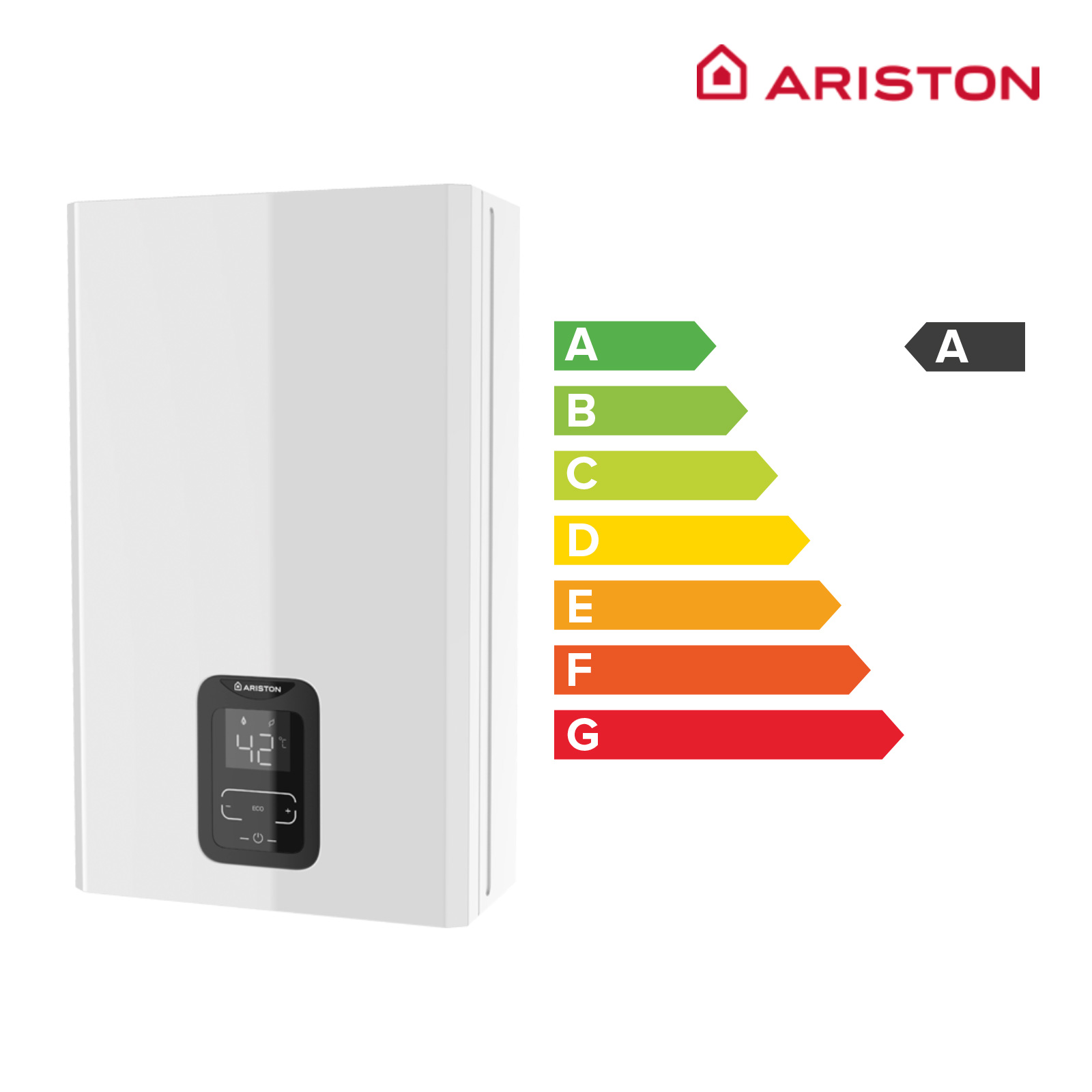 Calentador de agua blanco Ariston con etiqueta de eficiencia energética con calificación A y logotipo Ariston.