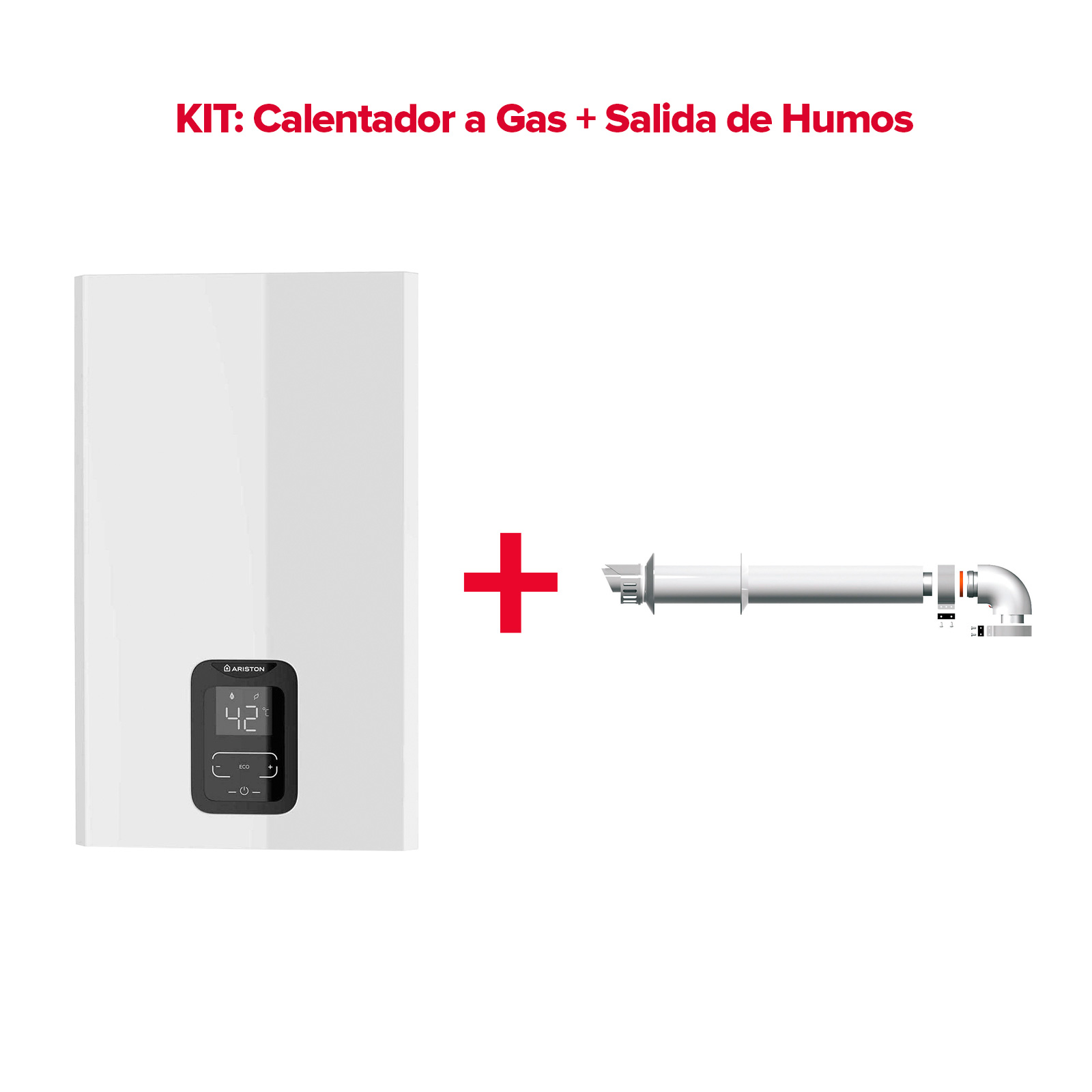 Una caldera blanca con una pantalla digital junto a una chimenea, mostrando un signo más en medio.