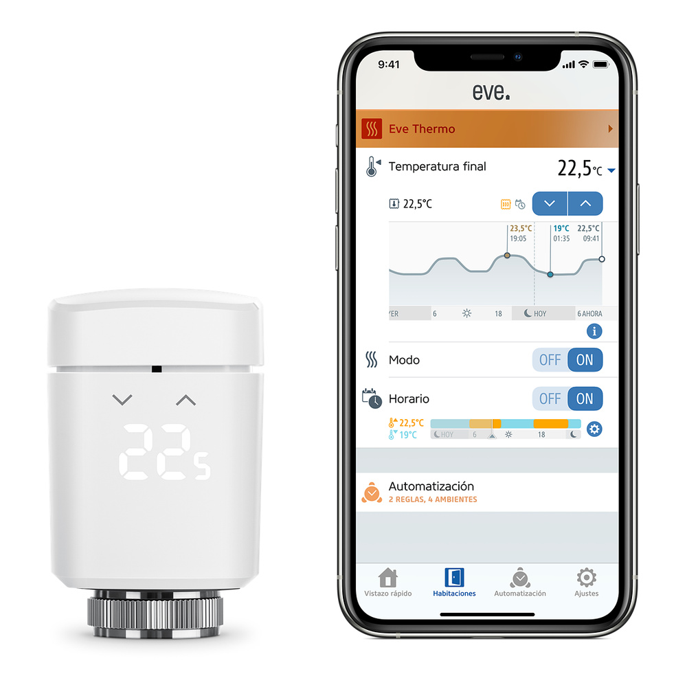 Válvula termostática - Eve Thermo, Pack 2, Programable, Compatible con Siri y HomeKit, Blanco