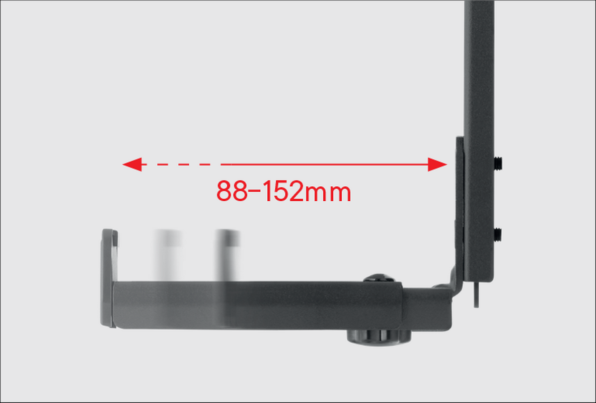 Schwarze Metallhalterung für einen Monitor, mit Maßen 88-152 mm.