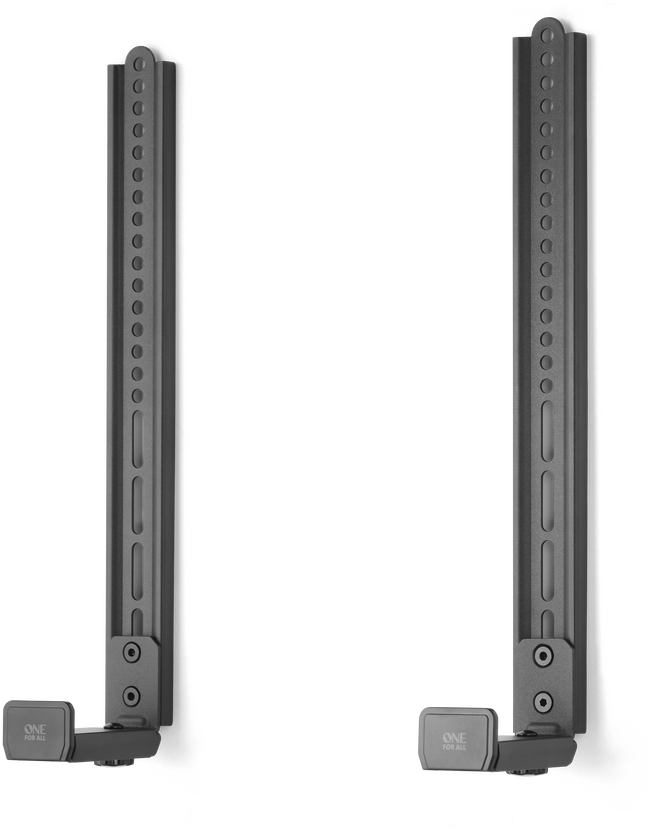 Zwei vertikale Soundbar-Halterungen aus schwarzem Metall mit Befestigungslöchern auf schwarzem Grund.