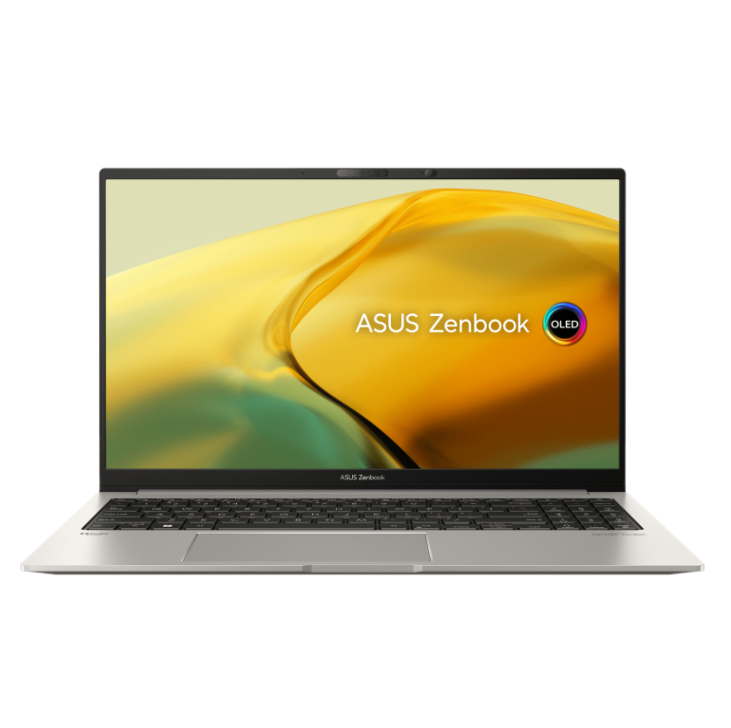 Portátil ASUS Zenbook plateado, abierto. Pantalla con degradado amarillo y naranja. Logotipo OLED a la derecha.