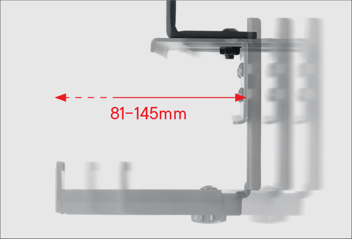 Eine Metallhalterung mit einem Messpfeil, der von 81 bis 145 mm zeigt. Die Halterung ist grau und weiß.