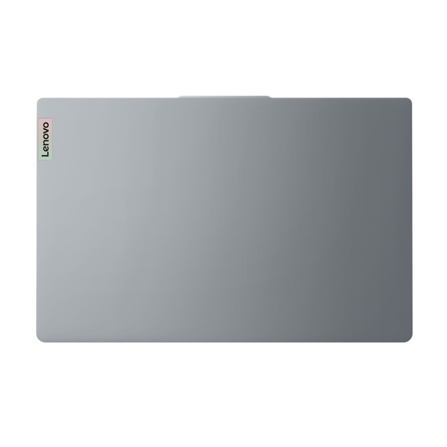 Vista dall'alto del laptop. Grigio chiaro con logo Lenovo rosa e bianco. Schermo vuoto.