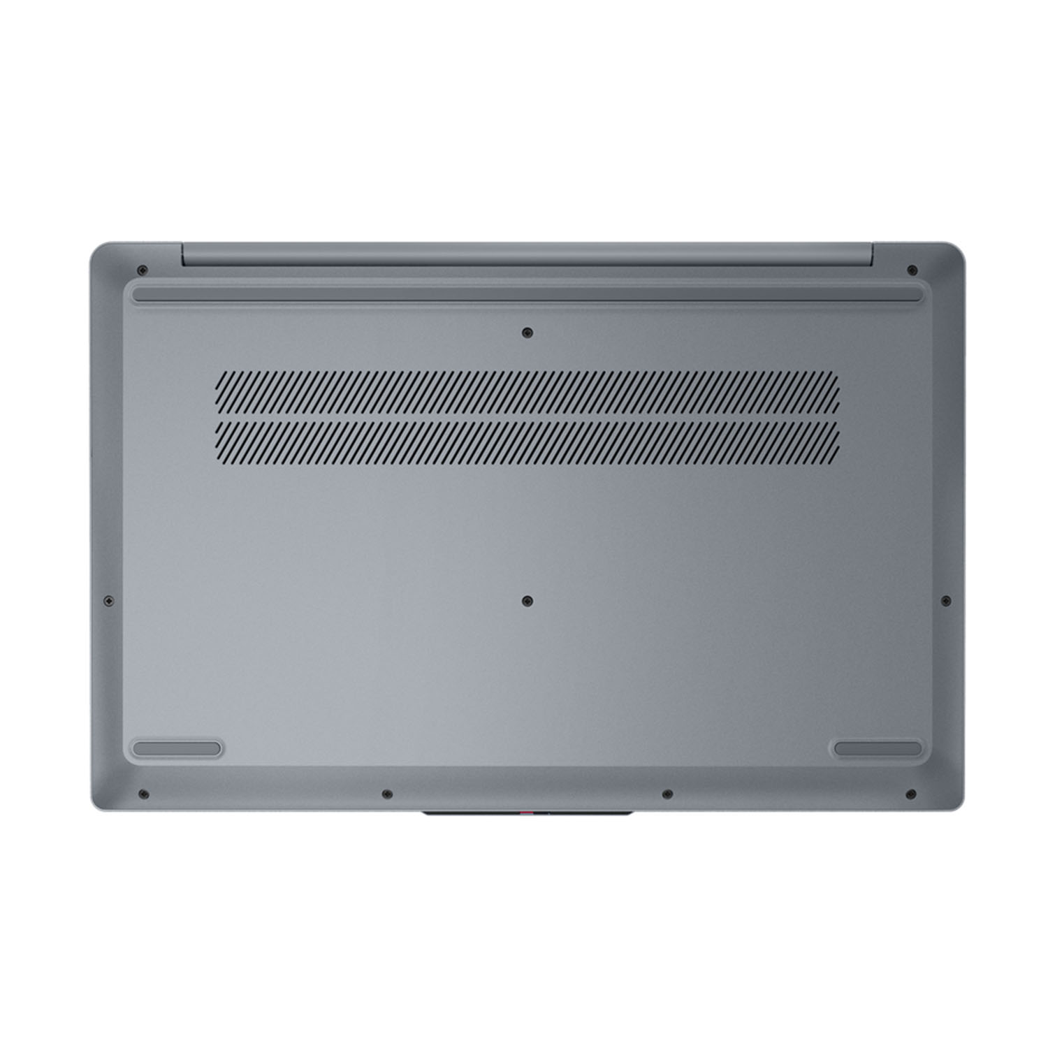 Parte inferiore di un laptop grigio con fessure di ventilazione e piedini in gomma.