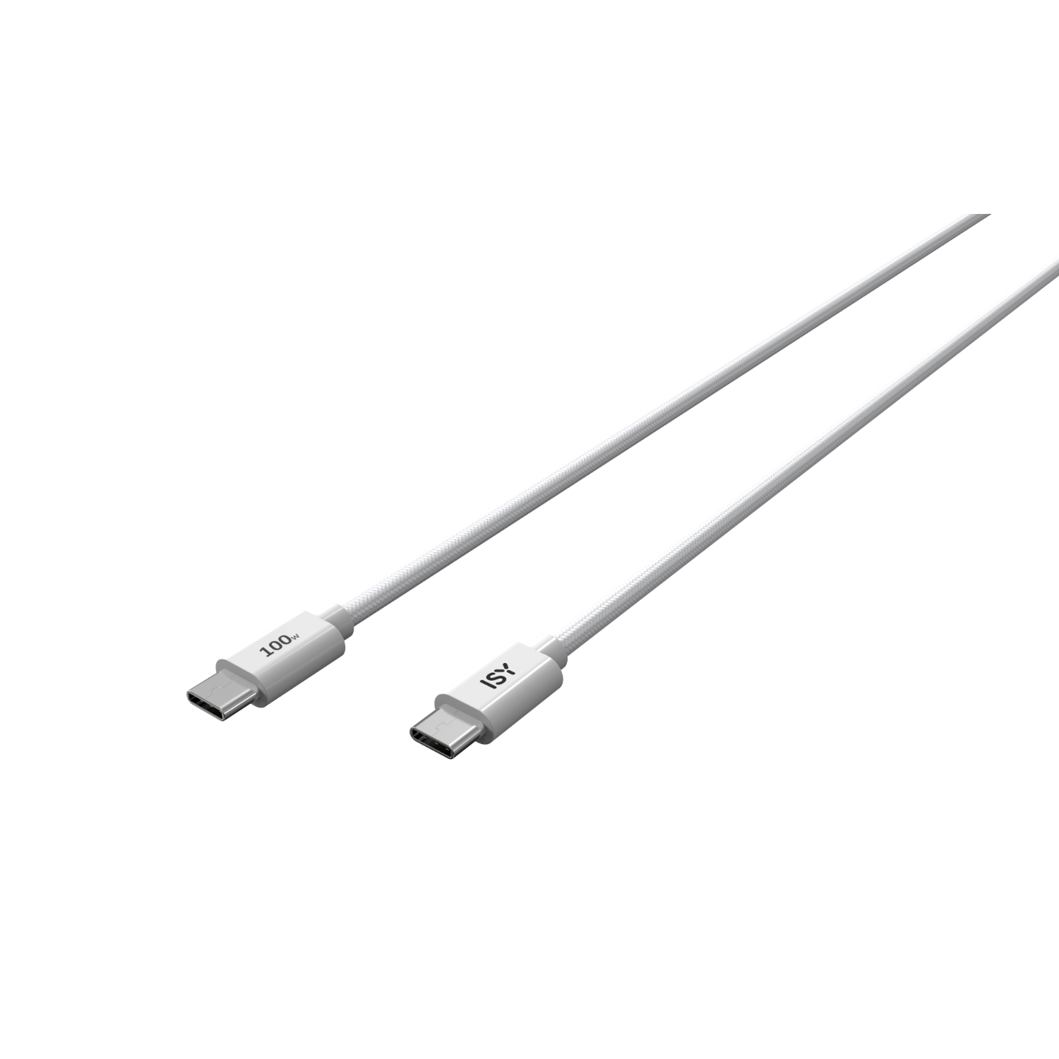 Two white USB-C cables. One cable has 100W text, the other has ISY text.