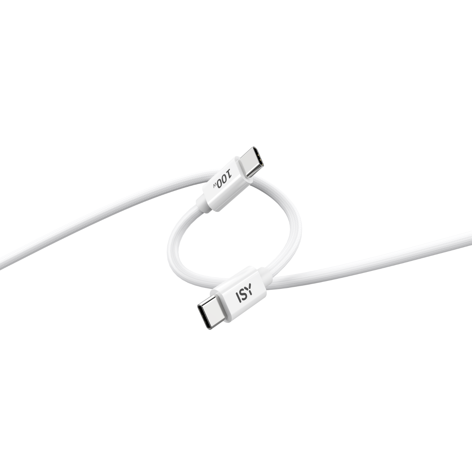 Two white USB-C cables, intertwined against a dark background.