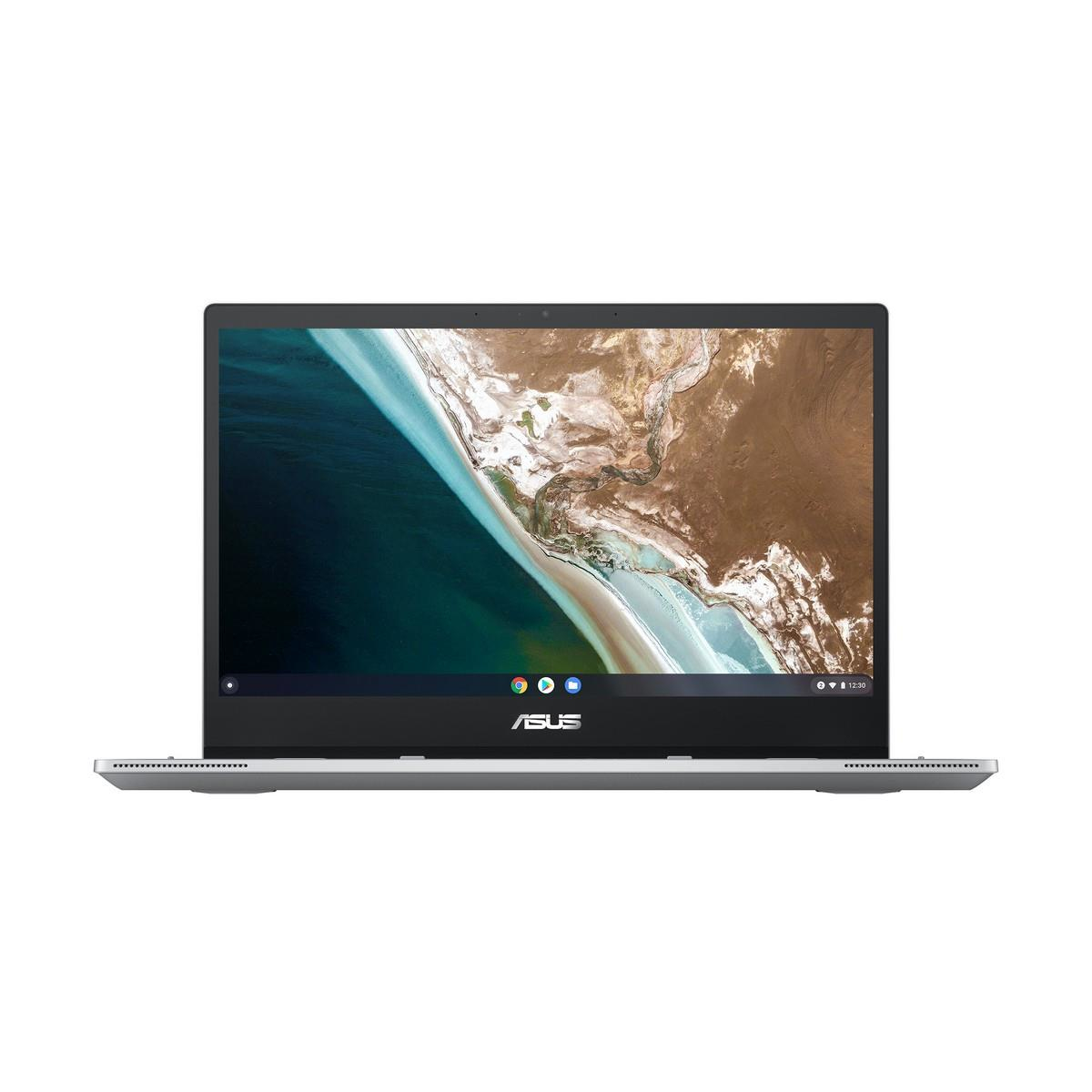 Vista frontal de un portátil Asus plateado con pantalla negra mostrando una imagen de escritorio.