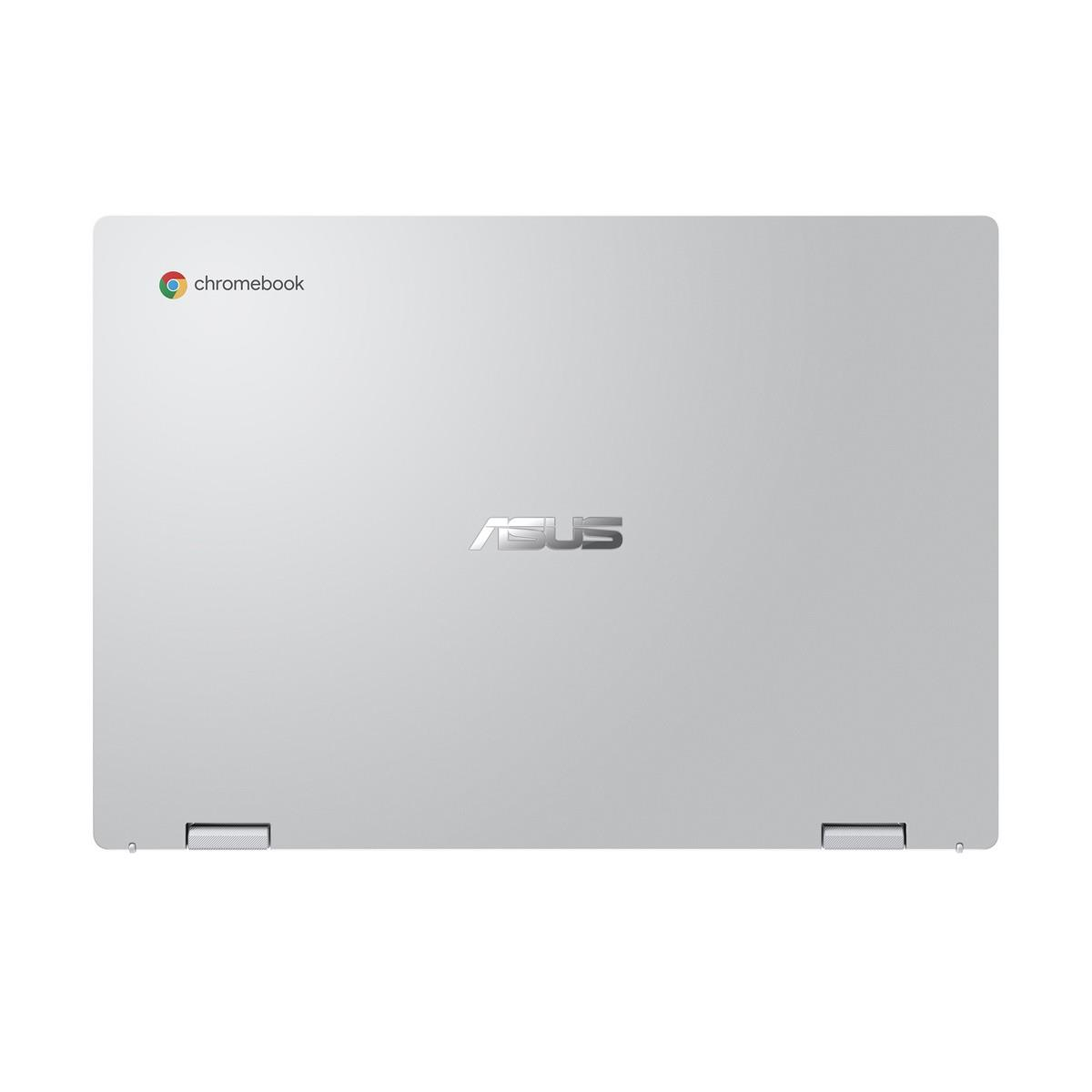 Portátil plateado con logo de Chromebook, logo de Asus en la parte trasera, fondo blanco.