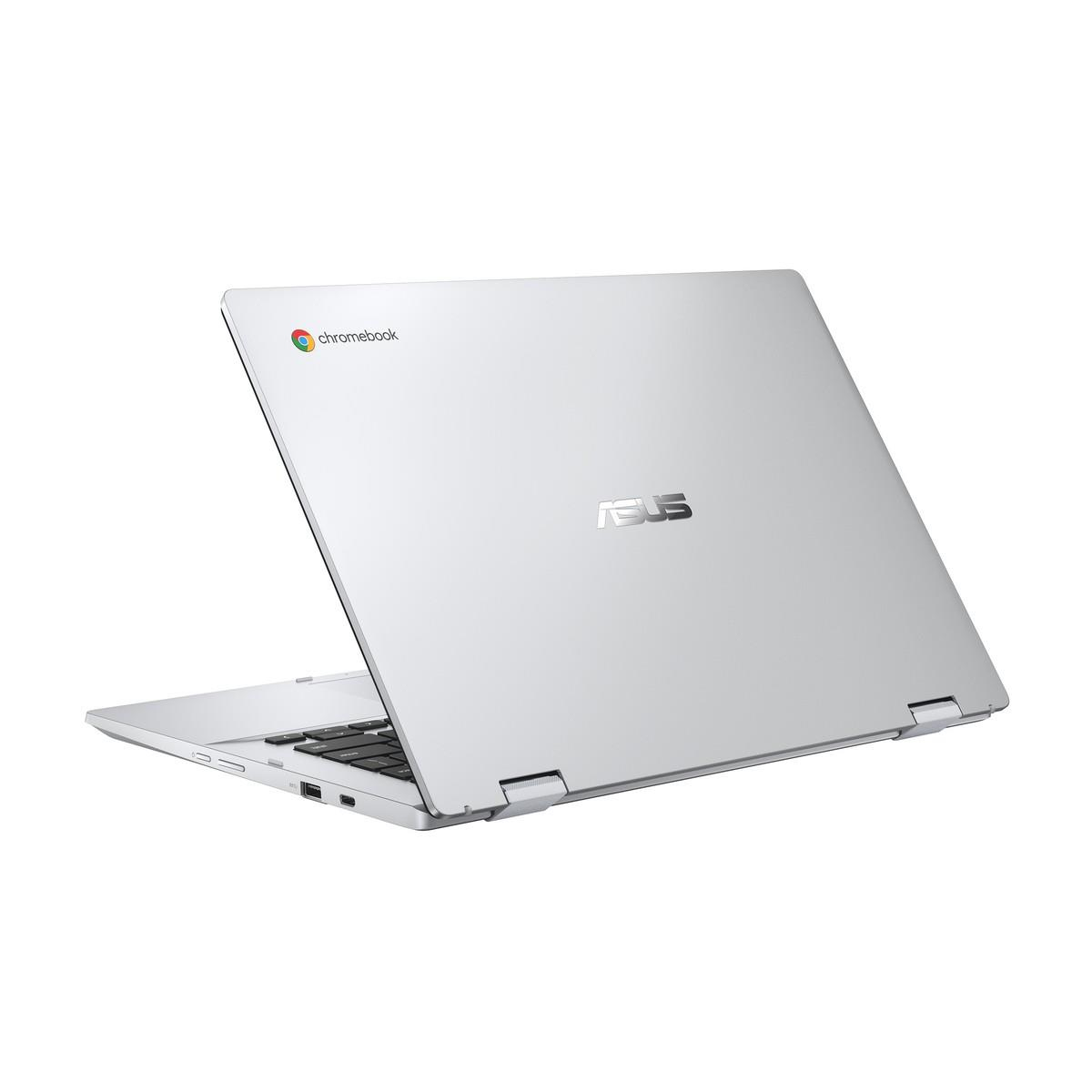 Portátil ASUS Chromebook plateado, parcialmente abierto, con el logotipo de Chromebook visible.