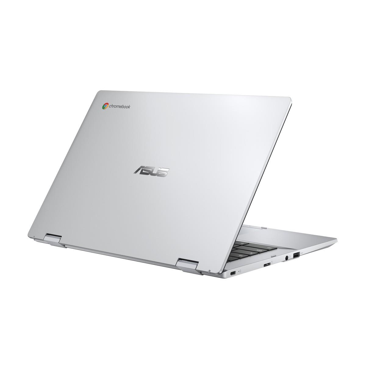 Portátil ASUS Chromebook plateado abierto, visto desde atrás, sobre superficie blanca. Logotipo Chrome visible.