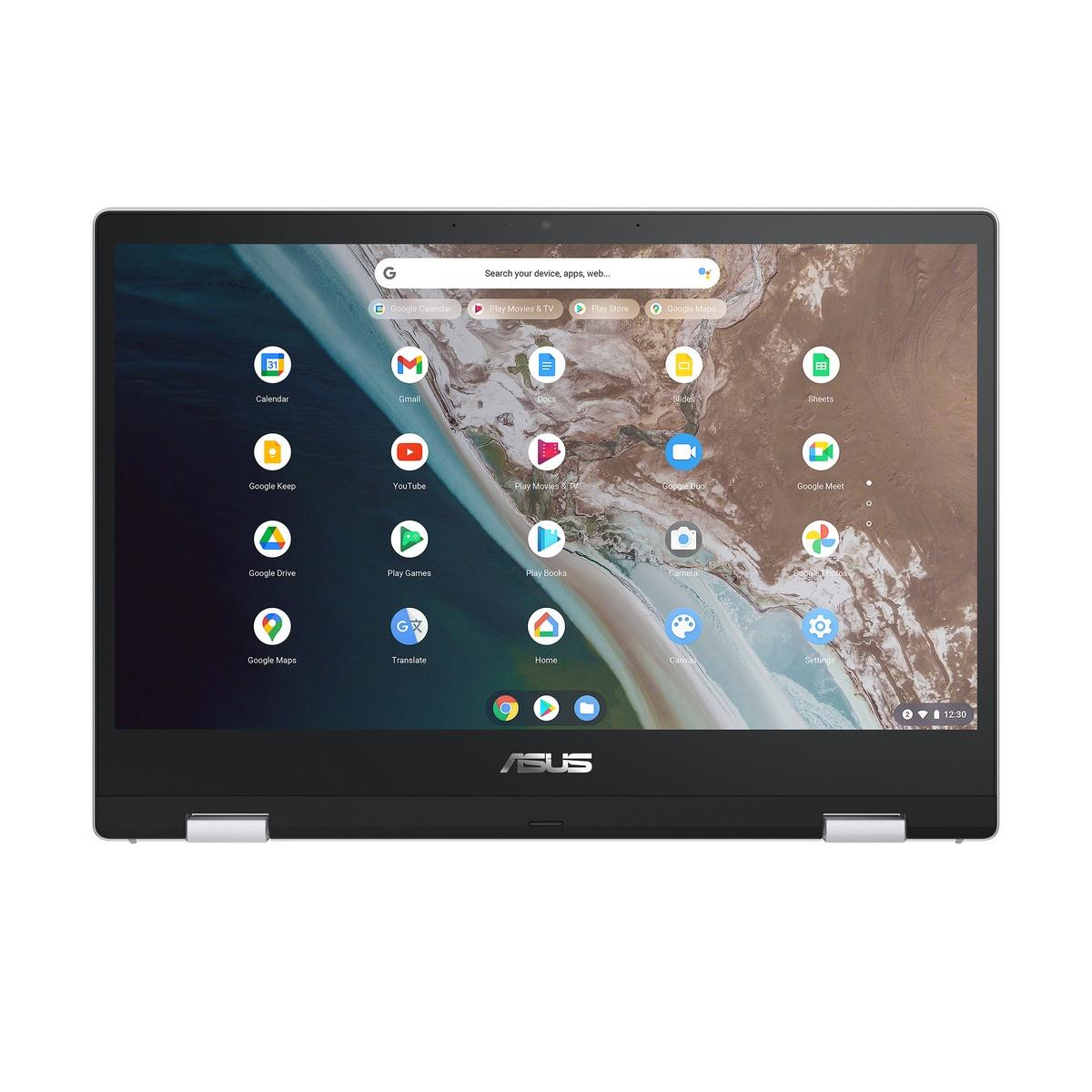 Un portátil con una interfaz de pantalla táctil, que muestra iconos de aplicaciones.