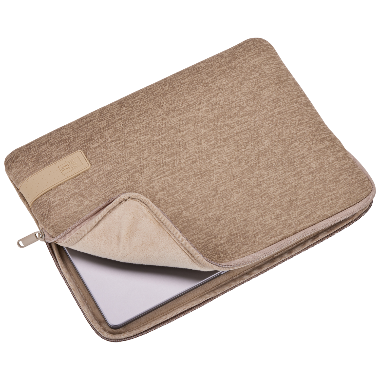 A laptop case made of brown fabric with a zipper and a Case Logic label.