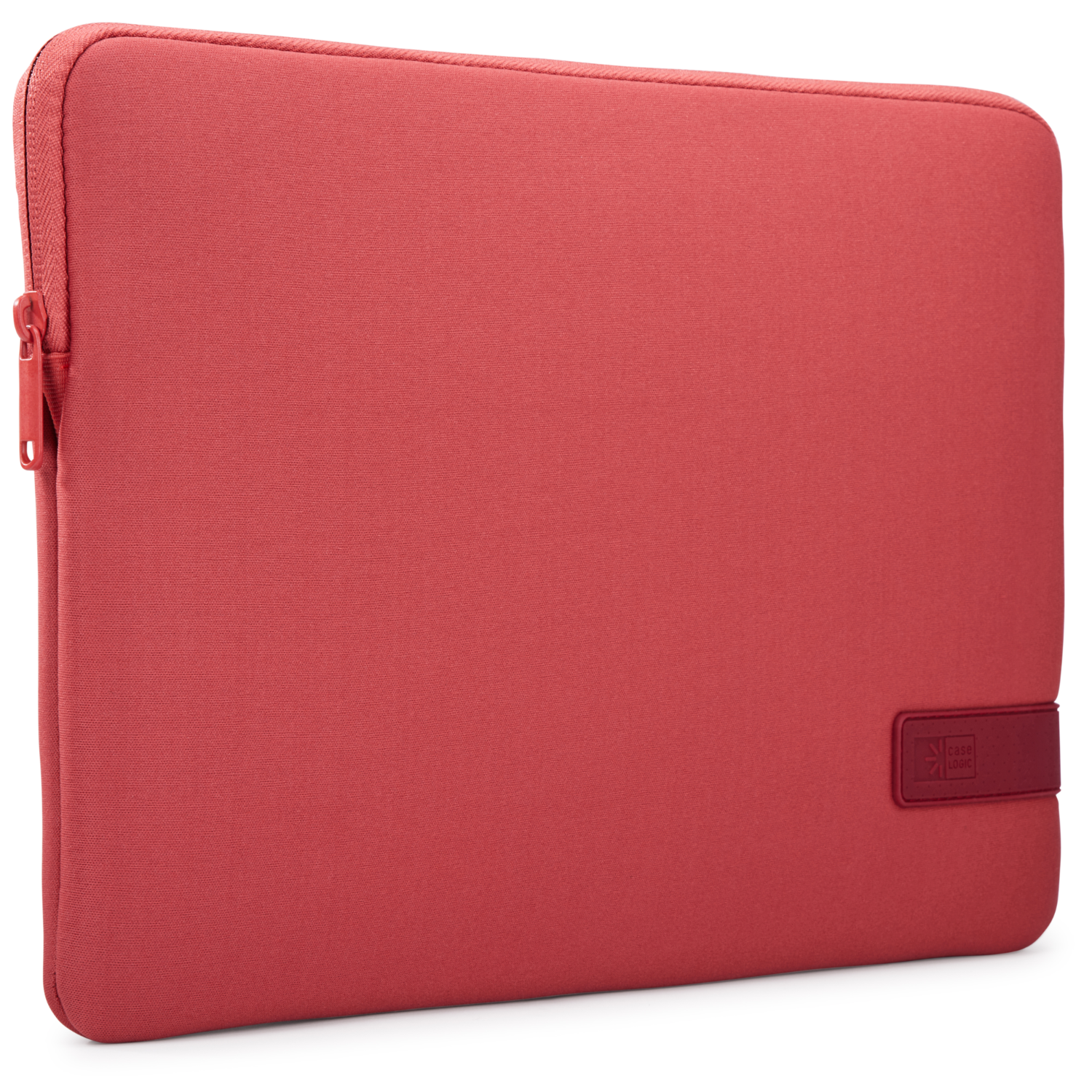 A red laptop sleeve with a zipper. It has a Case Logic logo on a dark red strap.