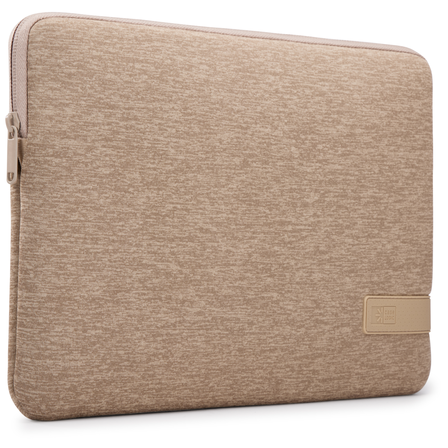 A beige laptop sleeve with a zipper. The texture is speckled, and it features a 'Case Logic' tag.